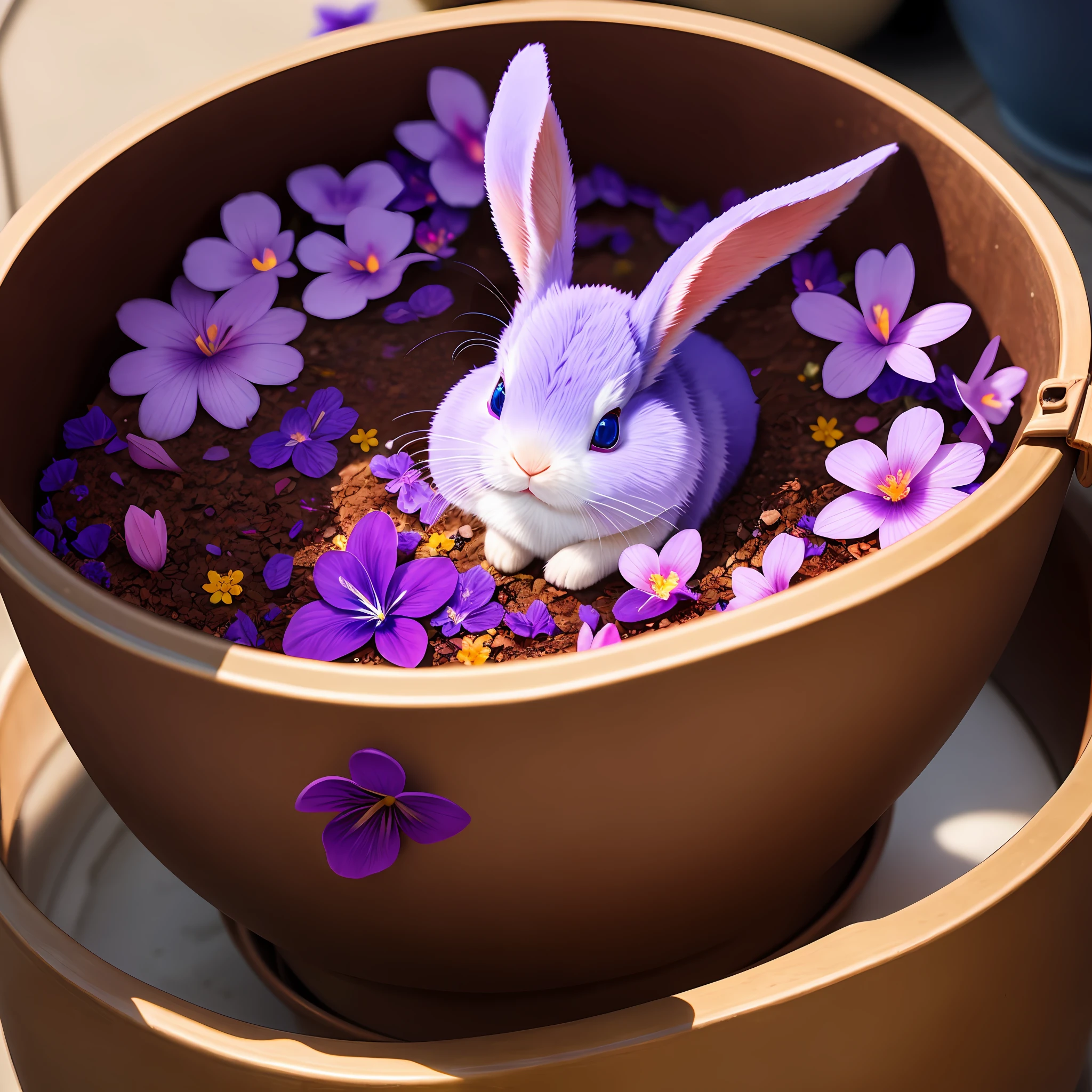 Bipedal creature resembling a violet rabbit, inside a light-brown pot, surrounded by iridescent violet flower petals, masterpiece, best quality