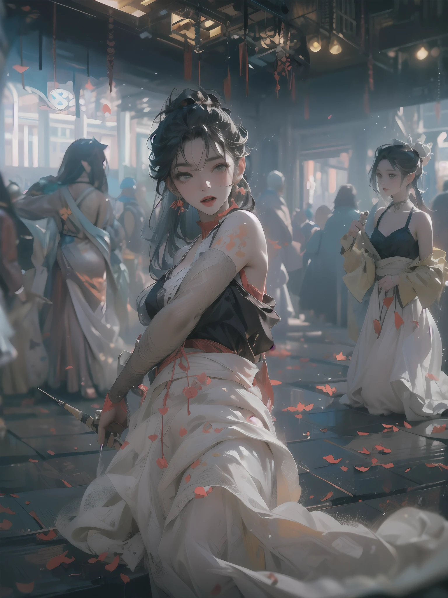 Masterpiece,Best quality, A still from a dark fantasy movie from the 90s,(pastel colour, dim colors, soothing tones:1.5),blend, Medium shot, Bokeh, (hdr:1.4), Masterpiece,conceito, 4K, HD, Cute girl in lingerie, white Hanfu, black colored leggings, (Cinematic, Red and black :0.85), The faces of the audience, dramatic pose, skinny pants