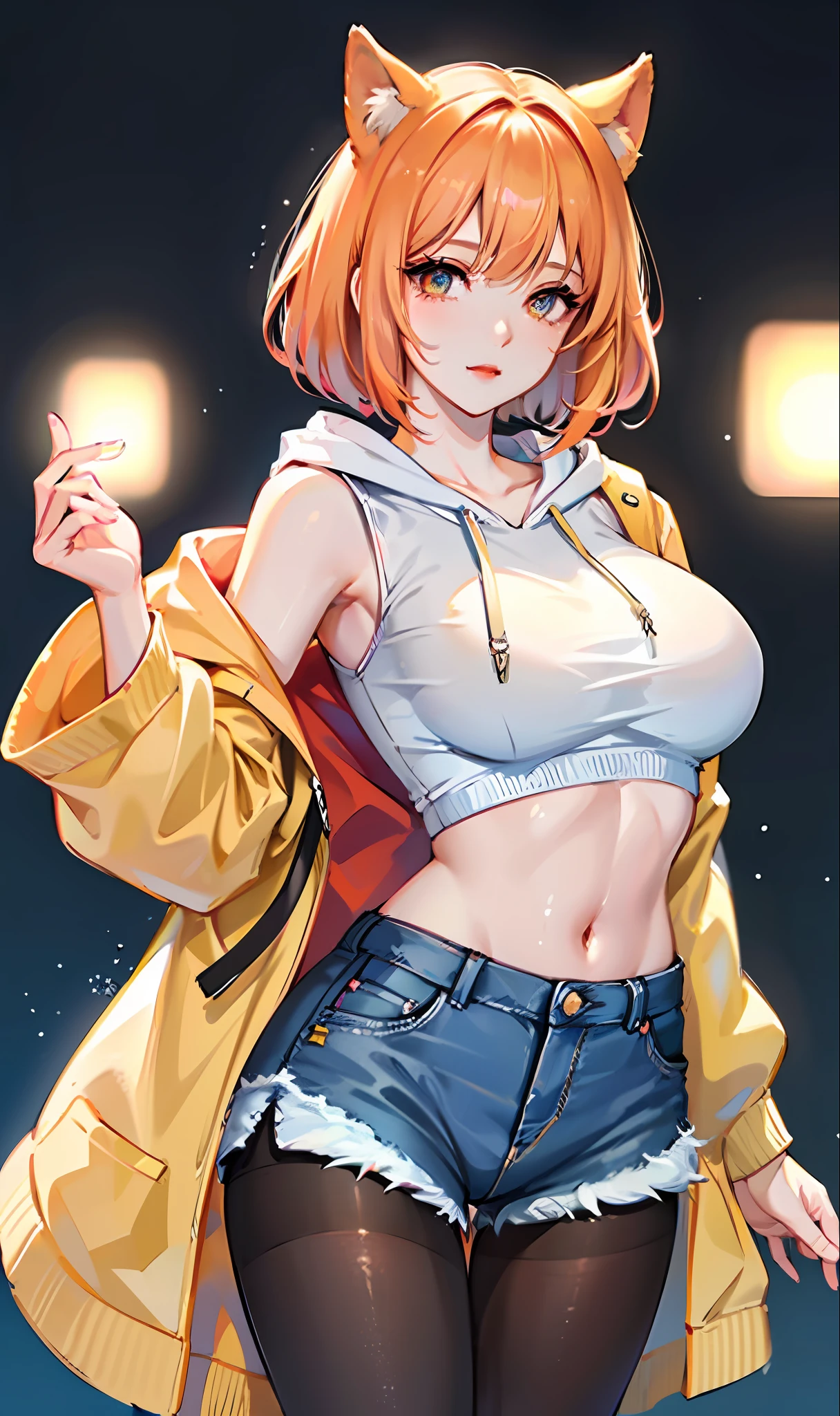 Beautuful Women、(masterpiece))、top-quality、high-level image quality、g-cup、ultra-detailliert、ighly detailed、face perfect、((独奏))、large full breasts、big butts、Beautiful waist、a short bob、beatiful backgrounds、Black and orange hair、、Blue pupil、fullbody image、modern technology、very highly detailed breasts、detailed buttocks、Detailed finger、Stuffiness、Torogao、Realistic moisturized skin、(soaked body:1.3)、Eye of Detail、erotick、Sheer are visible、(((Casual Costumes, HIPPHOP, Midriff, Denim shorts, cropped hoodie、Pantyhose under shorts, espadrilles,)))、Background Japan Tokyo