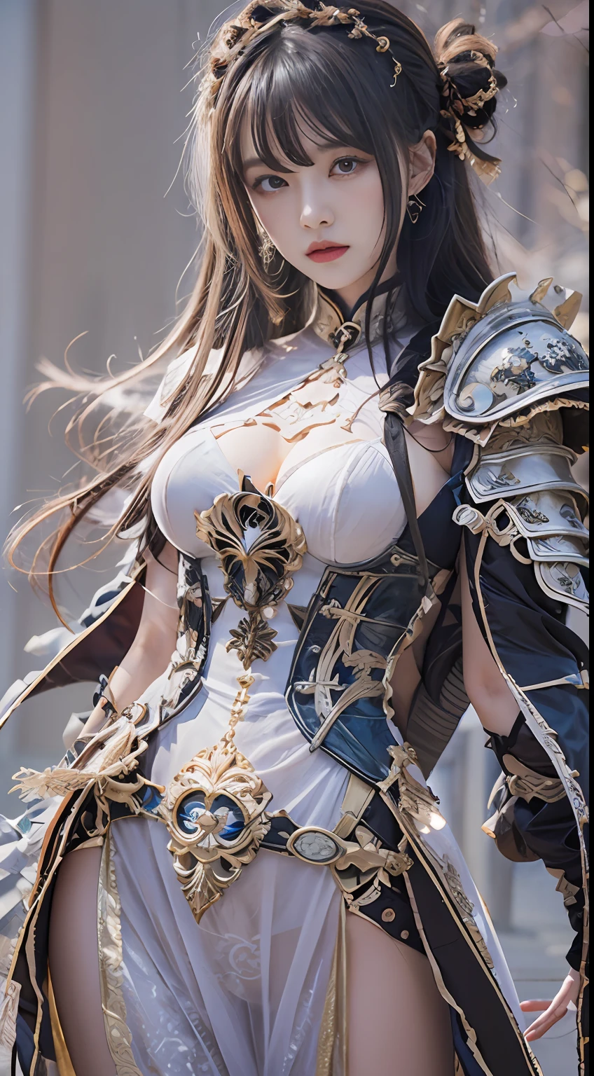 （8K，Best picture quality：1.2），（tmasterpiece：1.37），（photore，realisticlying：1.37），（超高分辨率），2+Kizi， [Chinese|Russian|Japanese|Korean]，A half body，Walking posture，Shooting from front，Slow motion，Female paladins dressed in full body，（Light silver armor：1.2），（Richly decorated ta costume armor），（insanely details，blooms：1.5），（simulating：1.2），（High- sharpness），（detailedpupils：1.1），detailed faces and eyes， tmasterpiece， best qualtiy， （Highly detailed photo：1.1）， （longblackhair，pony tails，ecstasy：1.1）， woman：1.1）， Sharp， （perfect bodies：1.1）， realisticlying， Real Shadow， 3D， （a temple background：1.2）， Cross your arms over your chest
photograph：Canan EOS R6， 135mm， 1/1250s， f/2.8， ISO 400
