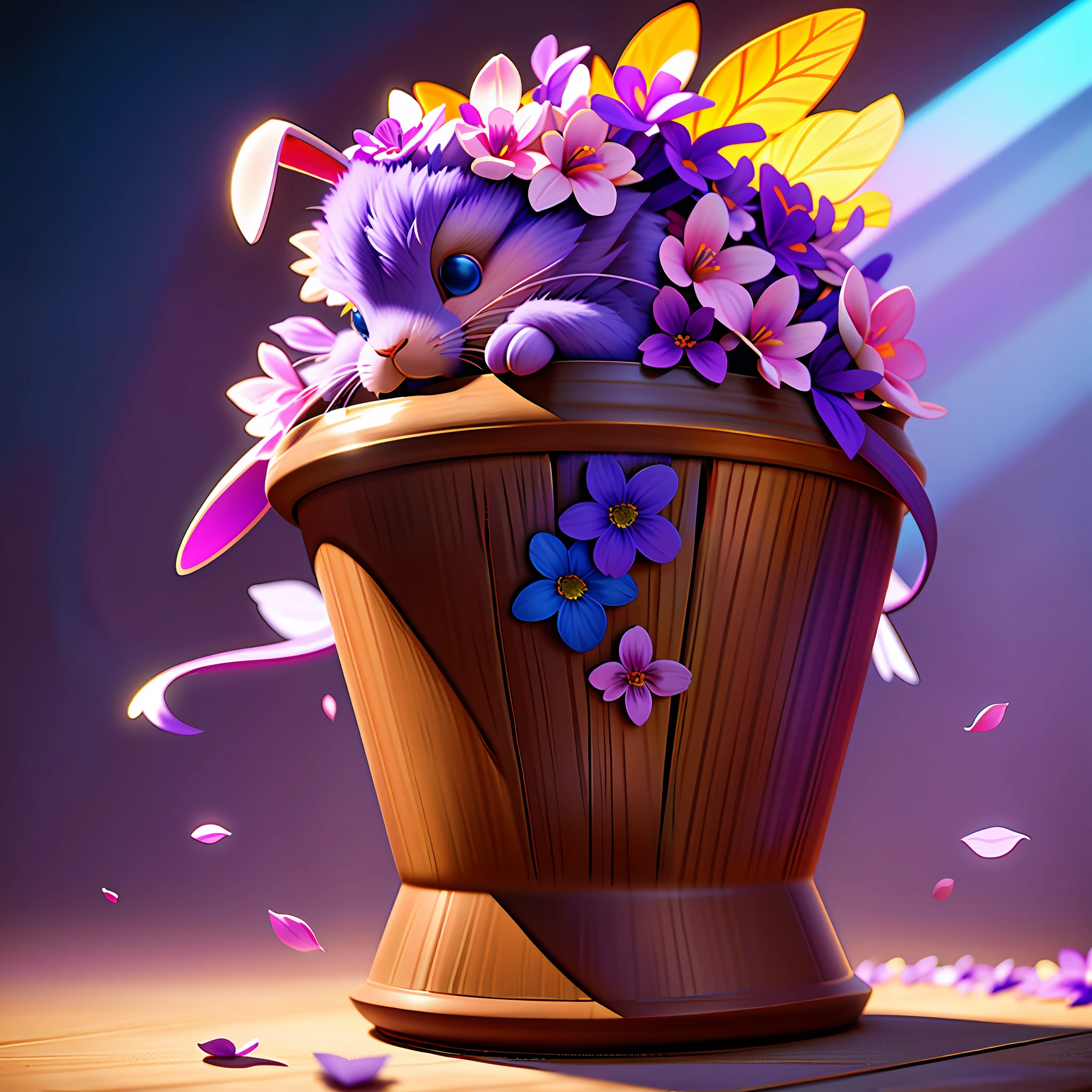 light-brown pot, wood pot, pink flower petals, pink flowers, purple flowers, yellow glowing leaves