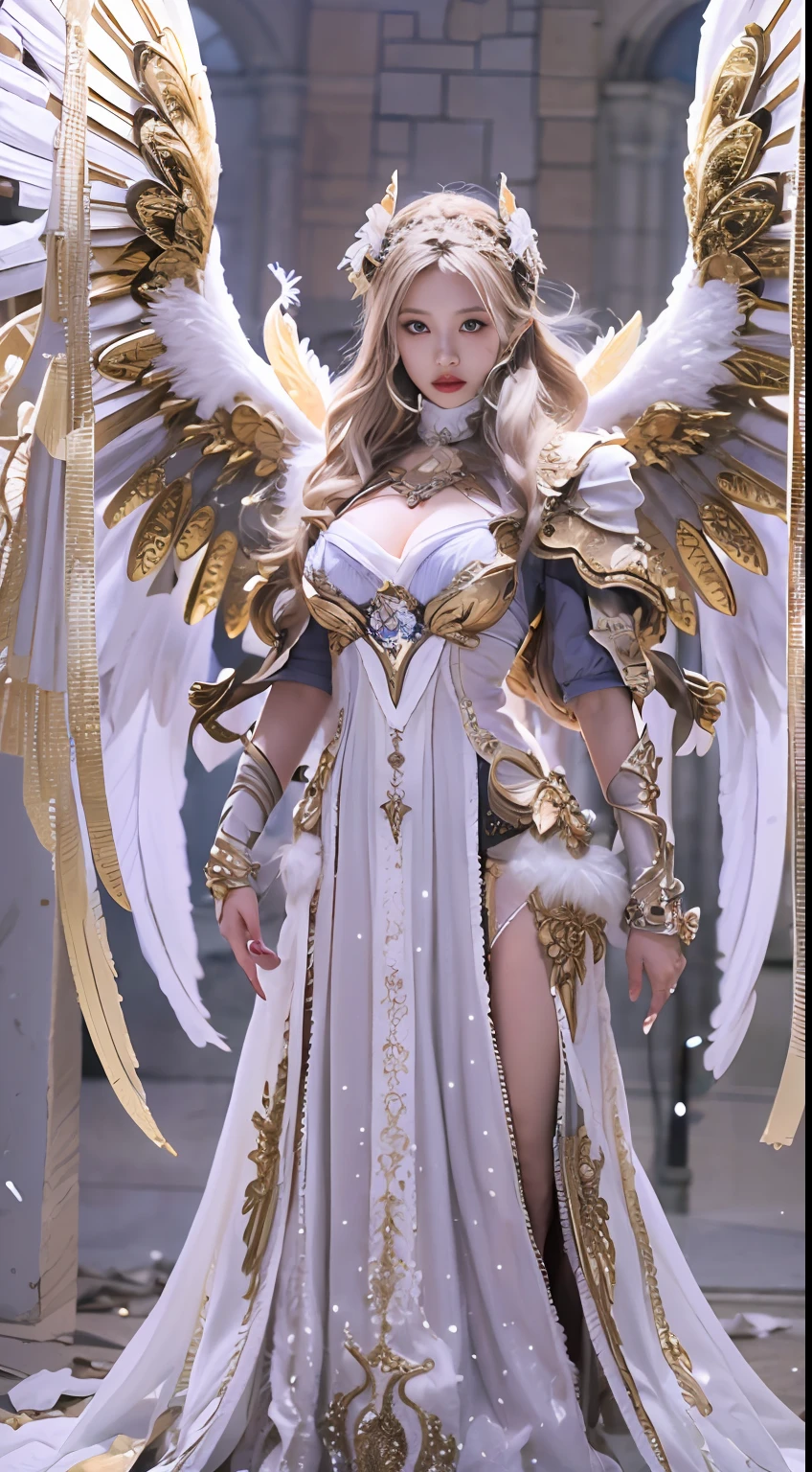 (8K,Best picture quality:1.2),(tmasterpiece:1.37),(photore,realisticlying:1.37),(超高分辨率),realisticlying,photographed,(valkyrie,holy paladin:0.6)beautiful design,Shiny,((tmasterpiece,Best quality at best)),huge tit,Slim body,the angel's wings,Complex,Korea(High quality background inside ruined church empty at night) , (high detal) , 电影灯光