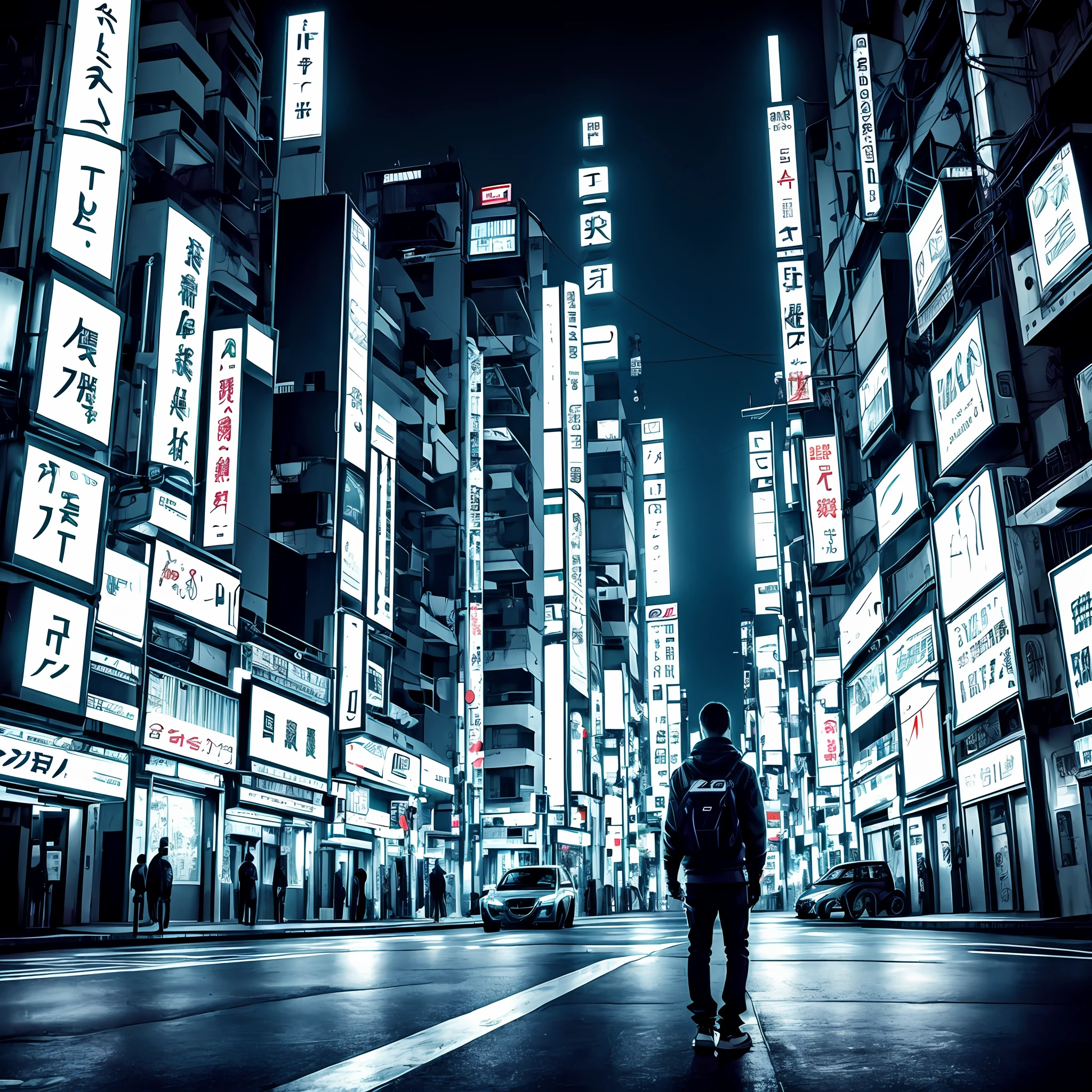 hsozinho em uma vibe sombria ,cyberpunk,code,sem rosto ,melancolico,solitario,alone,neon,tokyo --auto