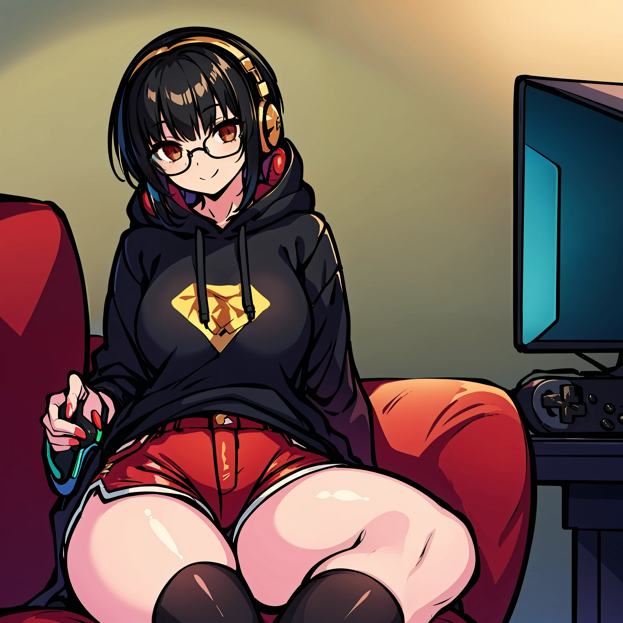 Human gamer girl wearing gold glasses and black headphones. Playing games on her console. Black hair, wearing a black hoodie and red shorts and black stockings, dark brown eyes with a smile on her face. Solo, high quality, masterpiece