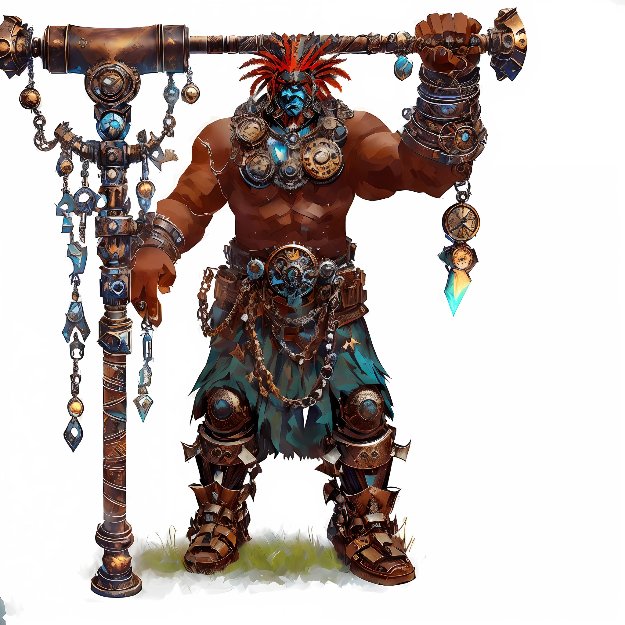 There is a man with a big axe and chains on his shoulders, arte conceitual kaladesh. Mechanicalgirl, personagem de fantasia hiperdetalhado, steampunk arcane shaman, barbarian class, antigo deus ferreiro, Personagem de arte conceitual de RPG, arte conceitual do personagem do jogo, Arte conceitual de personagem de RPG, Alquimista Steampunk Africano, Conceito de personagem DND Golias, design de personagens do jogo, arte do personagem do jogo, arte do personagem de fantasia