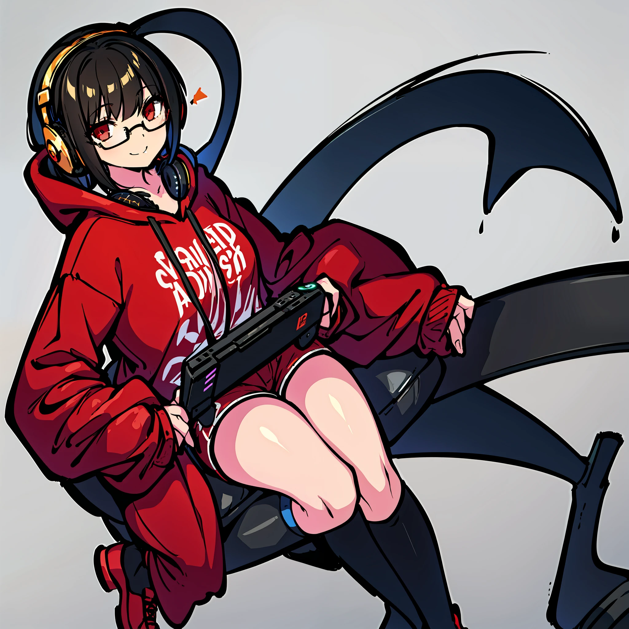 Human gamer girl wearing gold glasses and black headphones. Playing games on her console. Black hair, wearing a black hoodie and red shorts and black stockings, dark brown eyes with a smile on her face. Solo, high quality, masterpiece