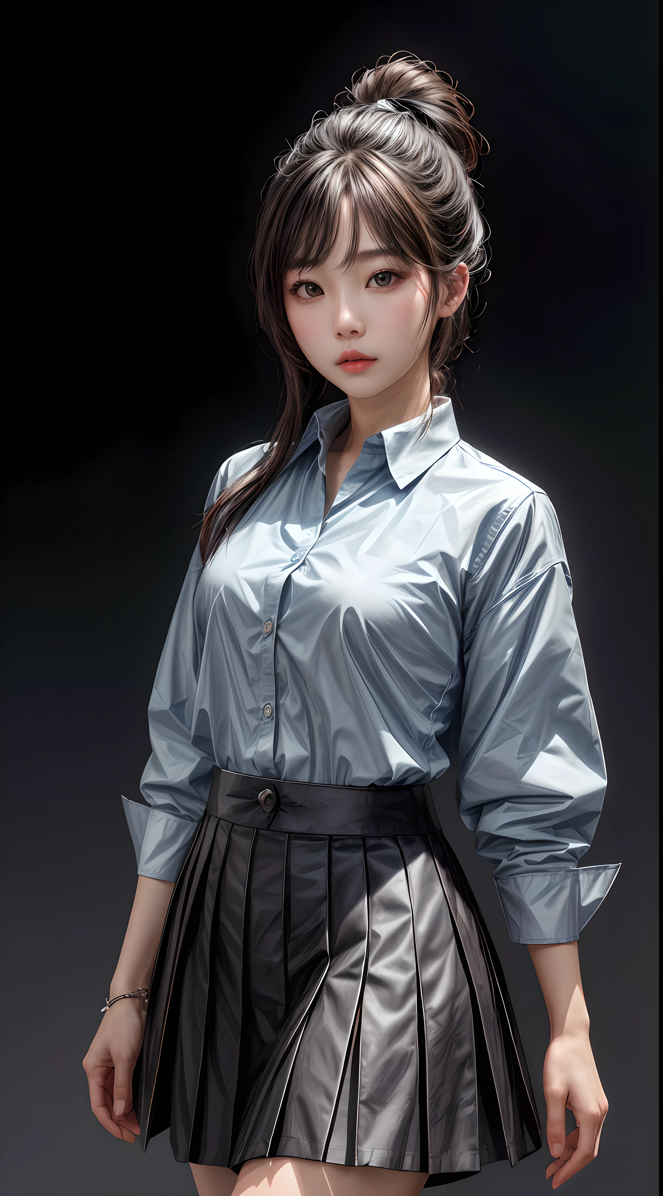 (1girl), solo,
korean_race, detailed(skin, face), looking_at_viewer,
wearing(shirt, skirt),
photo(medium), standing, (straight-on:1.25),
background(simple_background),
(photorealistic, absurdres, best quality),