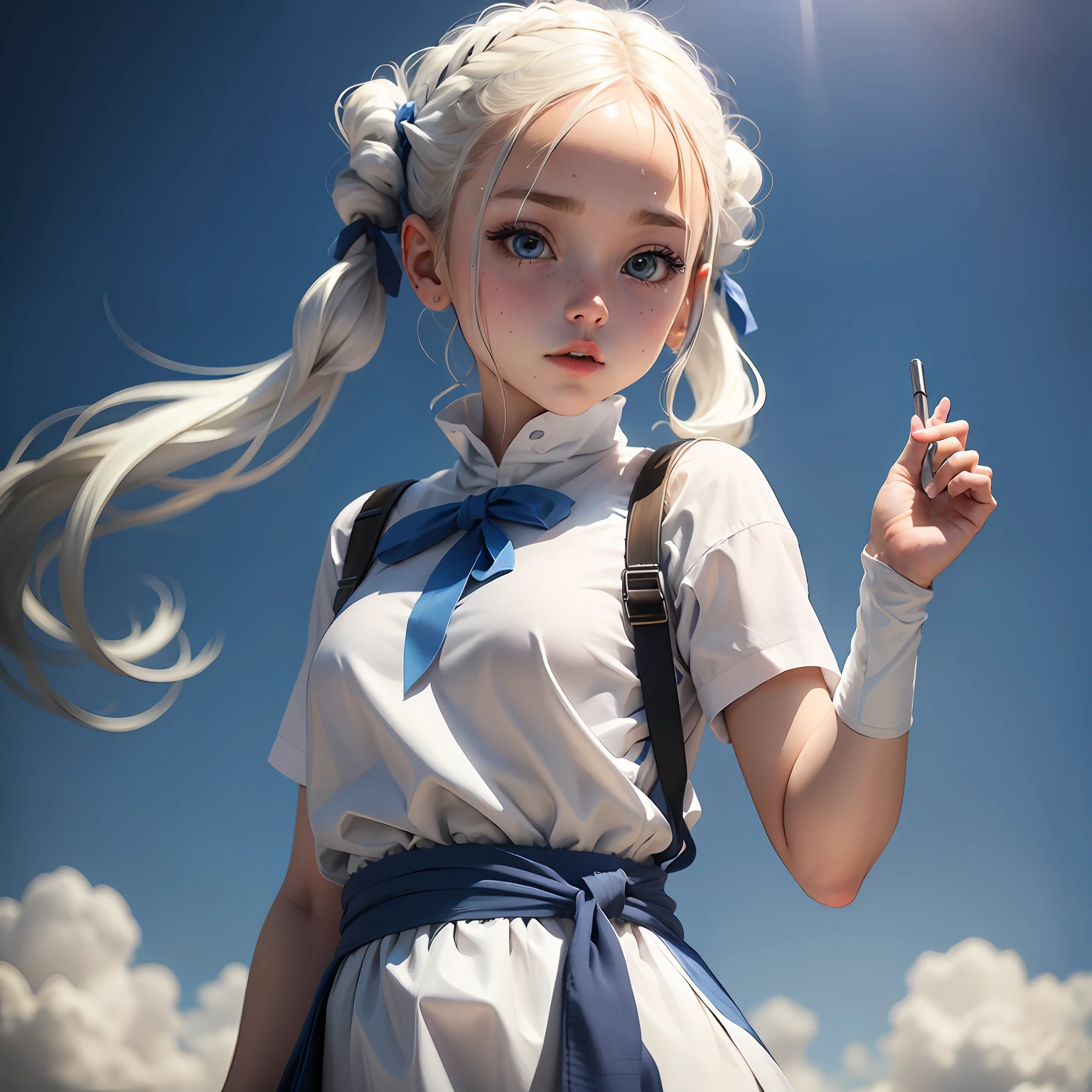 White clothes,pigtails,blue backdrop,full bodyesbian,Need,tmasterpiece --auto
