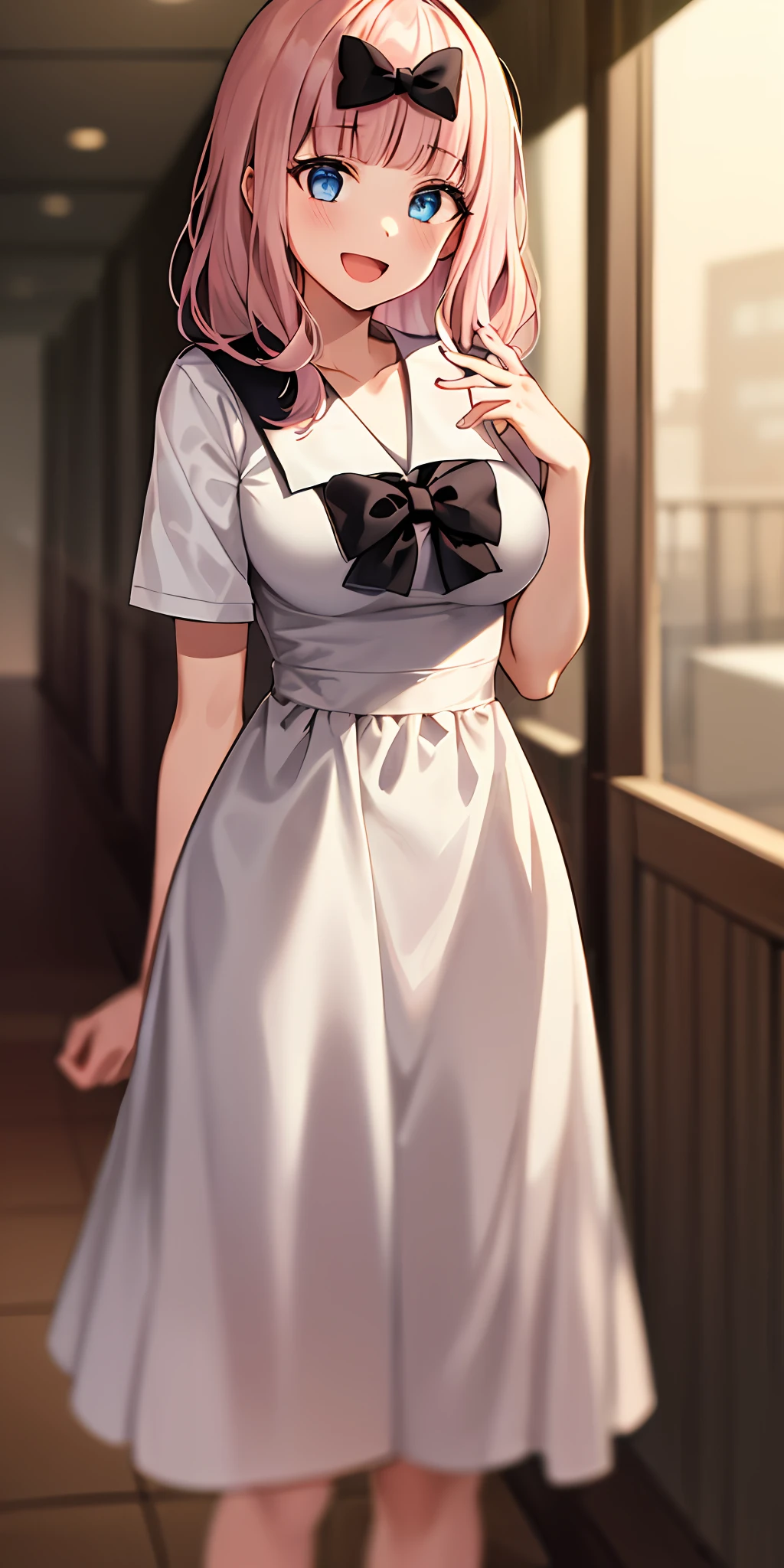 2d, masterpiece, best quality, anime, highly detailed, cowboy shot, 1girl, solo, fujiwara chika, blue eyes, pink hair, hair bow, black bow, school uniform, summer uniform, large breasts, standing, indoors, hallway, :d