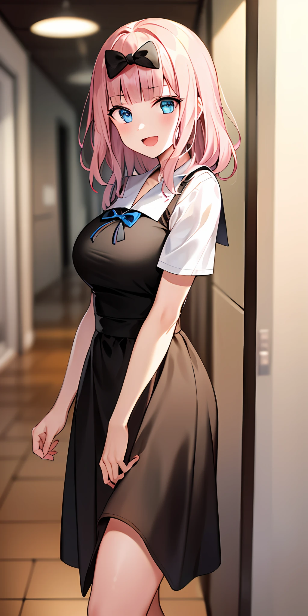 2d, masterpiece, best quality, anime, highly detailed, cowboy shot, 1girl, solo, fujiwara chika, blue eyes, pink hair, hair bow, black bow, school uniform, summer uniform, large breasts, standing, indoors, hallway, :d