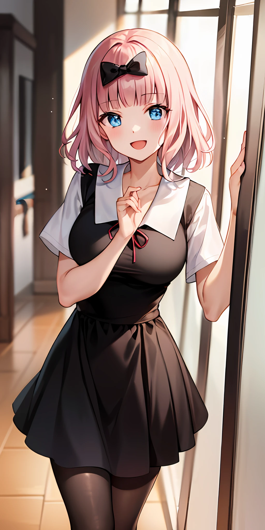 2d, masterpiece, best quality, anime, highly detailed, cowboy shot, 1girl, solo, fujiwara chika, blue eyes, pink hair, hair bow, black bow, school uniform, summer uniform, large breasts, standing, indoors, hallway, :d