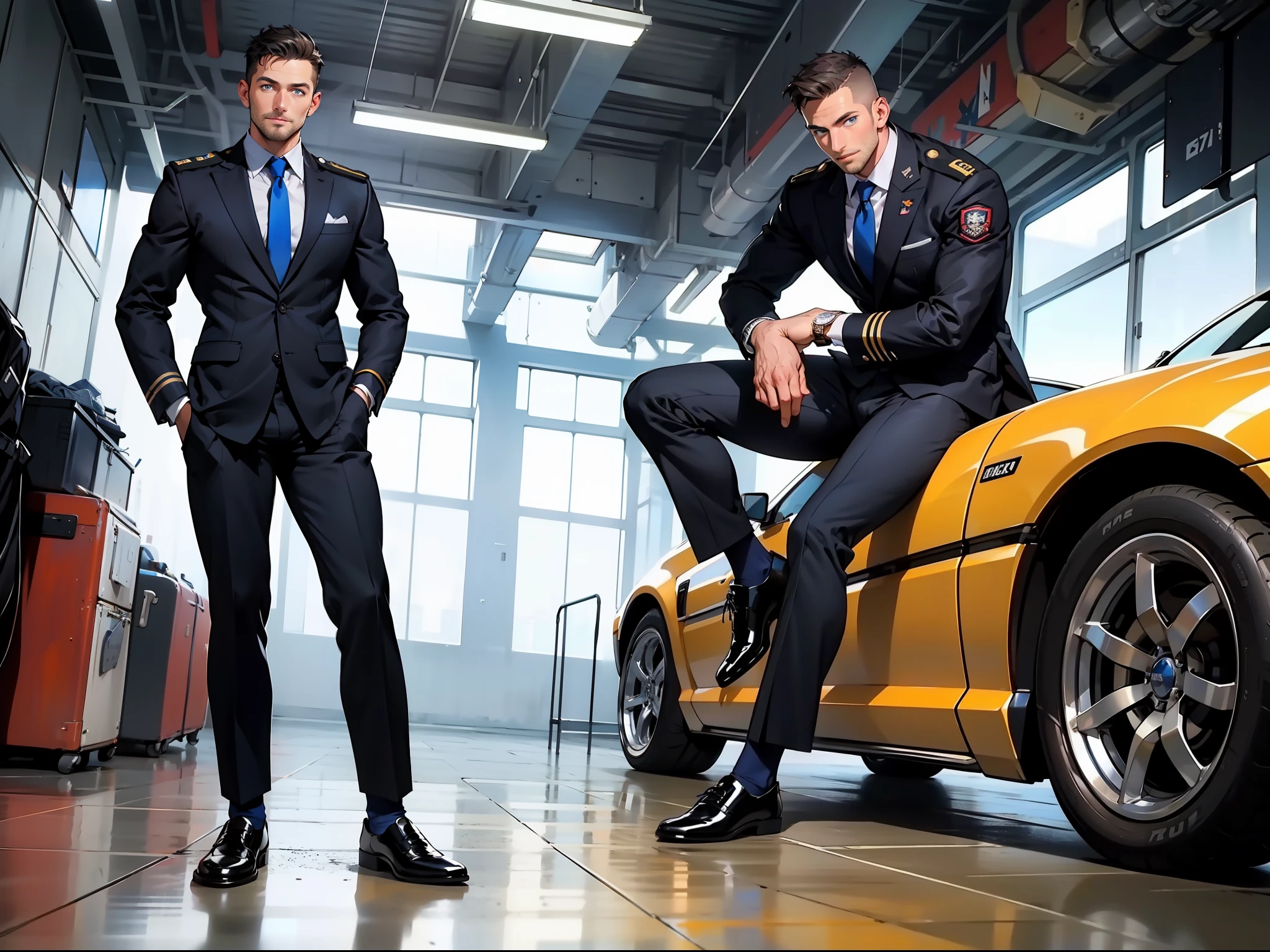 masterpiece, best quality, face, natural eyes, 1man, big feet, black socks, full body, (in suits), large bulge, long legs, looking at viewer, 30 years old, muscled and mature, pilot, pilot in uniform, short haircut, blue eyes,