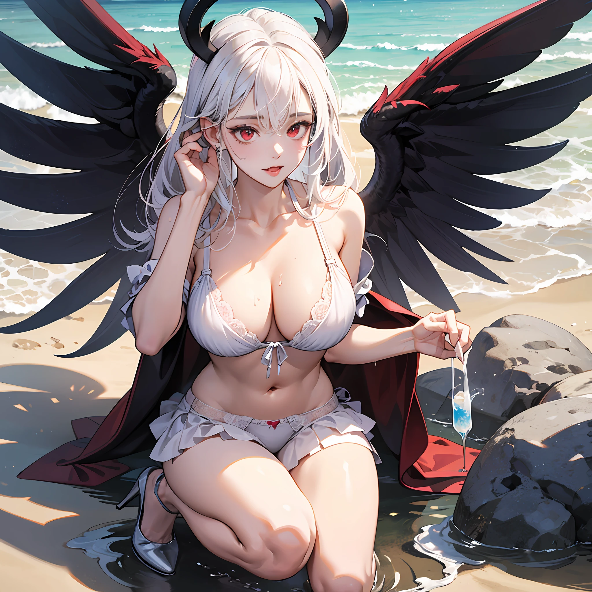 Kizi, full bodyesbian,White color hair,Two ponytails,Red eyes ,devil horns,with a halo on his head,There are white wings on the back,very detail eyes,Very detailed hair,(A white bikini), kneels on the ground, On the beach,Tiptoeing,opening legs,M-shaped legs, (Be red in the face:1.2), Stick out your tongue,Hands holding your head out of sight,Fingers are blocked, (Moisturizes the body1.2),White liquid,( Perspective below),(Sagging breasts1.2),(Huge breasts 1.2),(Anatomically correct 1.3),briefs exposed,Bra exposed,(white stockings),high-heels,Open crotch tong,(Wet with all over the body),Wet underwear,Cloudiness of facial fluid,There is a lot of white liquid on the thighs,There is a lot of white liquid under the panties,There is a lot of white liquid on the ground,(extremaly detailed cg),8K,The is very detailed,(A high resolution),(very detail eyes,Very detailed hair) --auto