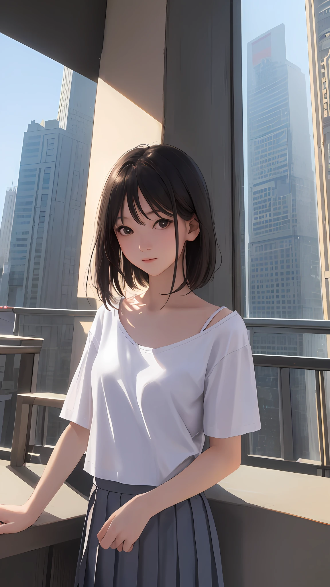 masterpiece、top-quality、超A high resolution、(Photorealsitic:1.4)、beautiful lighting、Raw photography、8K UHD、hyperdetailed face、beautiful a girl、Sweet girl、((Wearing a plain white T-shirt and a short pleated skirt))、Inside the city、Skyscrapers、longshot、Lone Girl