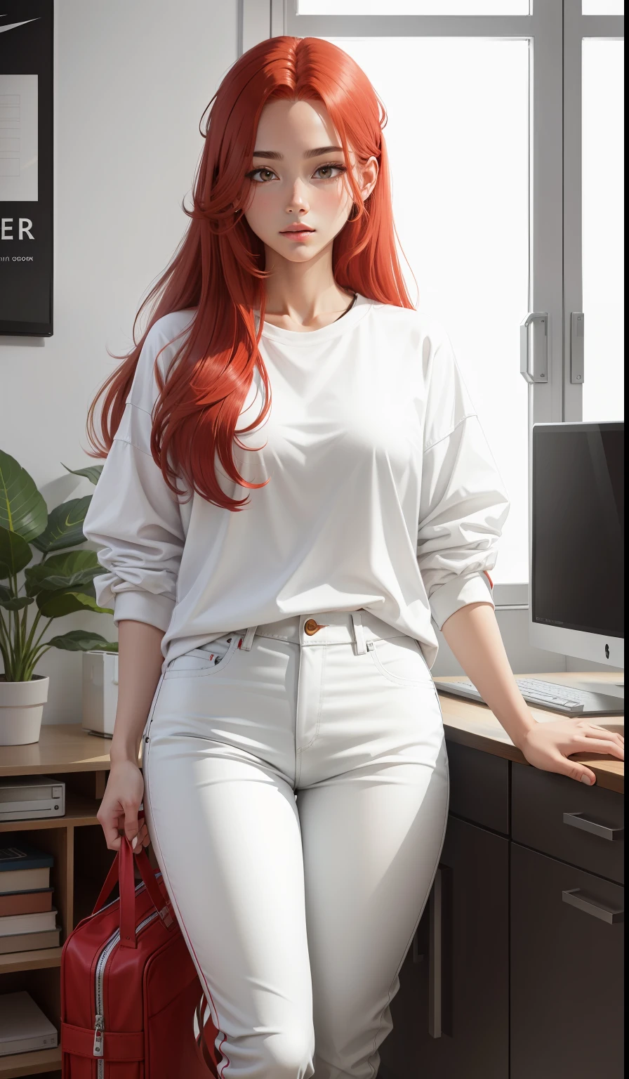a woman in a white shirt and red pants is playing video game, simple style, wearing elegant casual clothes, muted red, simple clothes, milk and red style, casual clothing style, modern fashion outfit, wearing a fisher , casual modern clothing, inspo, red clothes, red pants, neutral tones, rred and white color scheme, casual business outfit, scary face, nike shoes, 22 years old, adult face, long hair, ((red hair))