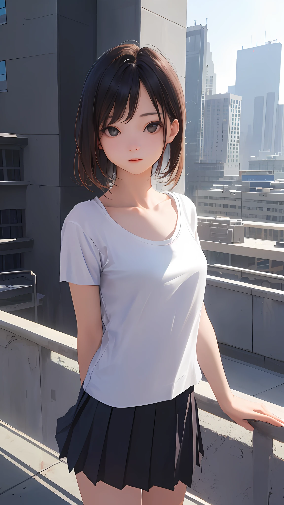 masterpiece、top-quality、超A high resolution、(Photorealsitic:1.4)、beautiful lighting、Raw photography、8K UHD、hyperdetailed face、beautiful a girl、Sweet girl、((Wearing a plain white T-shirt and a short pleated skirt))、Inside the city、Skyscrapers、longshot、Lone Girl