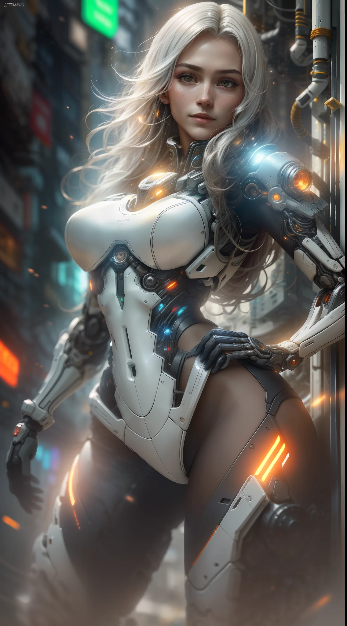 organic cyborg, ((obra-prima)), (((melhor qualidade))), ((Ultra Detalhado)), (Awesome: 1.1), ((papel de parede extremamente detalhado da unidade CG 8k)), (8k, Foto RAW, melhor qualidade, obra-prima: 1.2), (realista, Foto realista: 1.4), (fotorrealismo: 1.4), (renderizado: 1.4), ultra realismo, High-resolution, NVIDIA RTX Ray Tracing, imagem de corpo inteiro, ((mechanical body)), corpo perfeito, quadris largos, defined abdomen, thick legs with defined muscles, seios grandes empinados, pose sexy, mayors proportions, rosto humano, long loose silver hair on display, organic and synthetic parts, white synthetic parts, white plastic, metal cromado, noite ao fundo, city put apocalyptic, Future Diatopic, cyberpunk, modernos postes de luz, buildings with neon signs, noite escura, starly sky, lua cheia, estrelas cadentes, diffuse lighting, fantasia, intrincado, elegante, altamente detalhado, realista, fotorrealista, pintura digital, artstation, illustration, arte conceitual, smooth and sharp focus, arte de John Collier e Albert Aublet e Krenz Cushart e Artem Demura, circunstanciado, intrincado, Foto premiada, BLN-L24, exposure, Alto contraste, 8k 3D, cinematic lighthing.