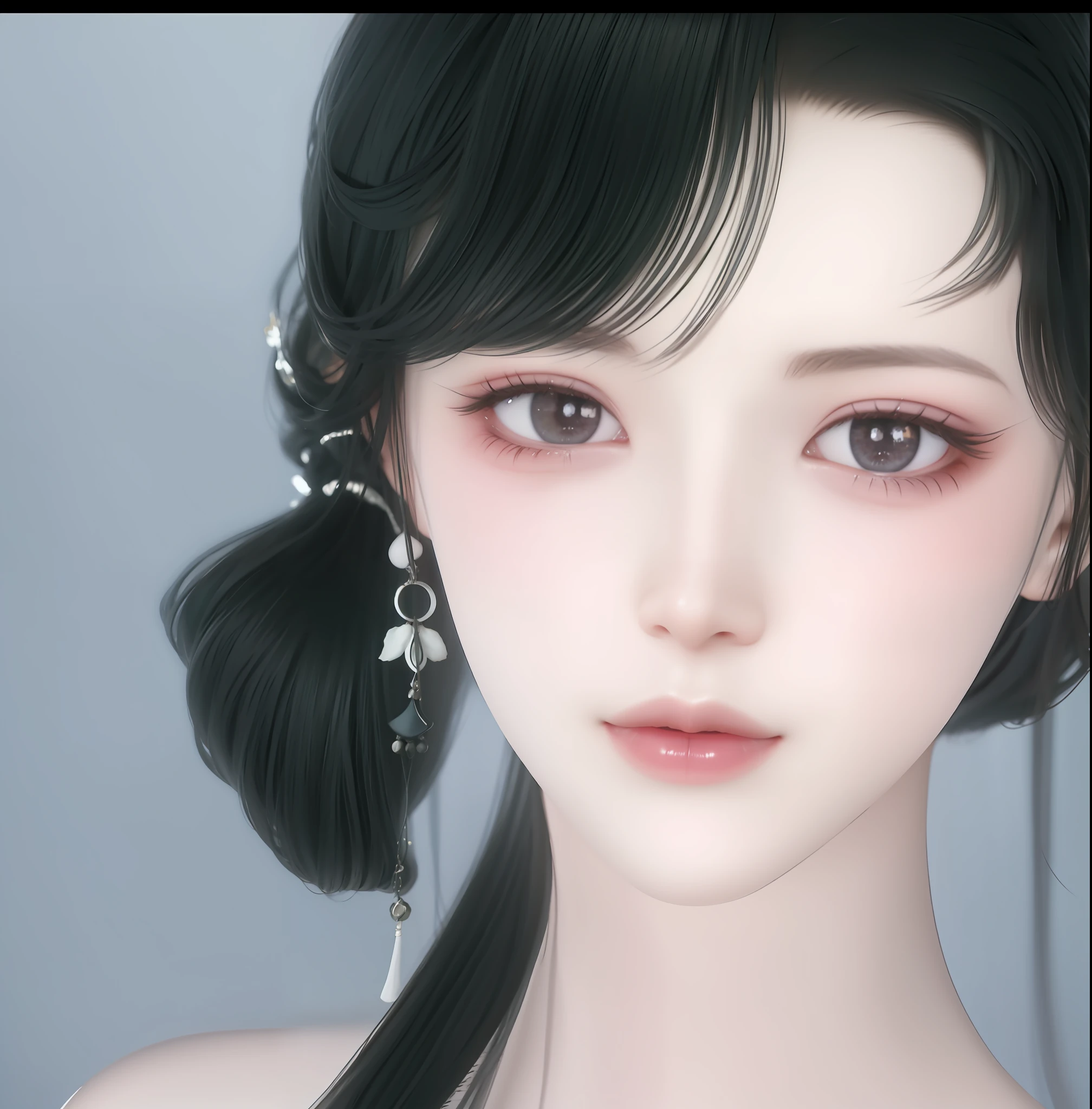 There is a woman with black hair and black dress, pale milky white porcelain skin, Guviz, with very highly detailed face, The anime national style is realistic, inspired by Sim Sa-jeong, Guviz-style artwork, 8K highly detailed face, Smooth anime CG art, pale porcelain white skin, Realistic. Cheng Yi, porcelain highlighted skin,Be consistent on the face