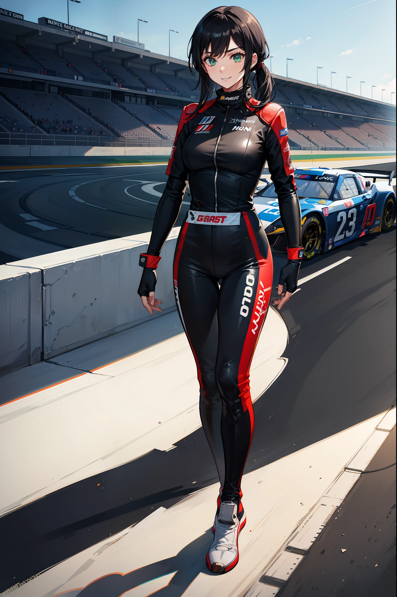 1girl, black_hair, black bodysuit, racing suit, fingerless_gloves, full_body, gloves, green_eyes, helmet, holding_helmet, long_hair, smile, solo, standing, racetrack backdrop, nascar vehicle, racing automobile, full body character design, daytime