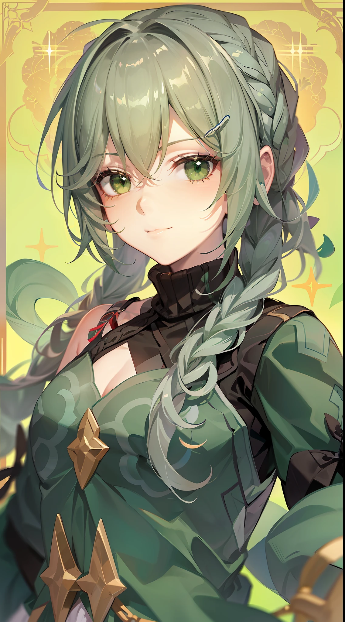 Gray-green hair，Twist braids，Green eyes，Green clothes，black sleeve，ssmile