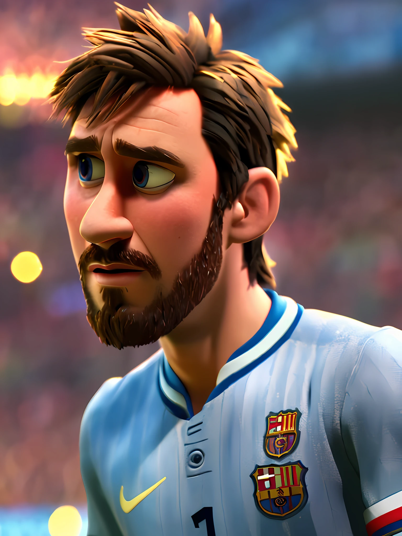 Lionel Messi, (pixar style) (masterpiece:1.2) (bokeh) (best quality) (detailed skin) (detailed texture) (8k) (claymation) (cinematic lighting) (sharp focus