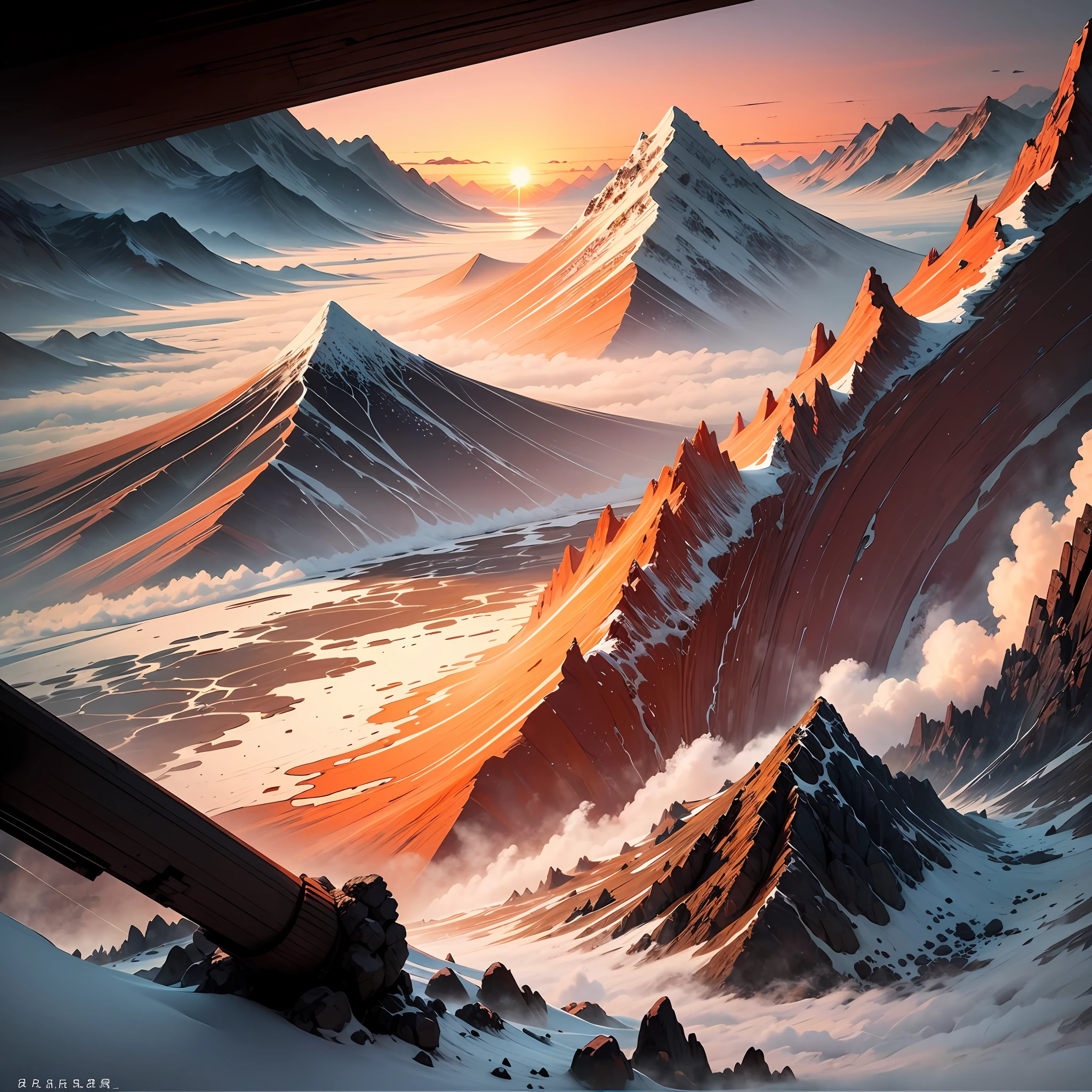 Chinese ink-splashed landscape painting，grand，The red sun rises，mountain peaks， --auto