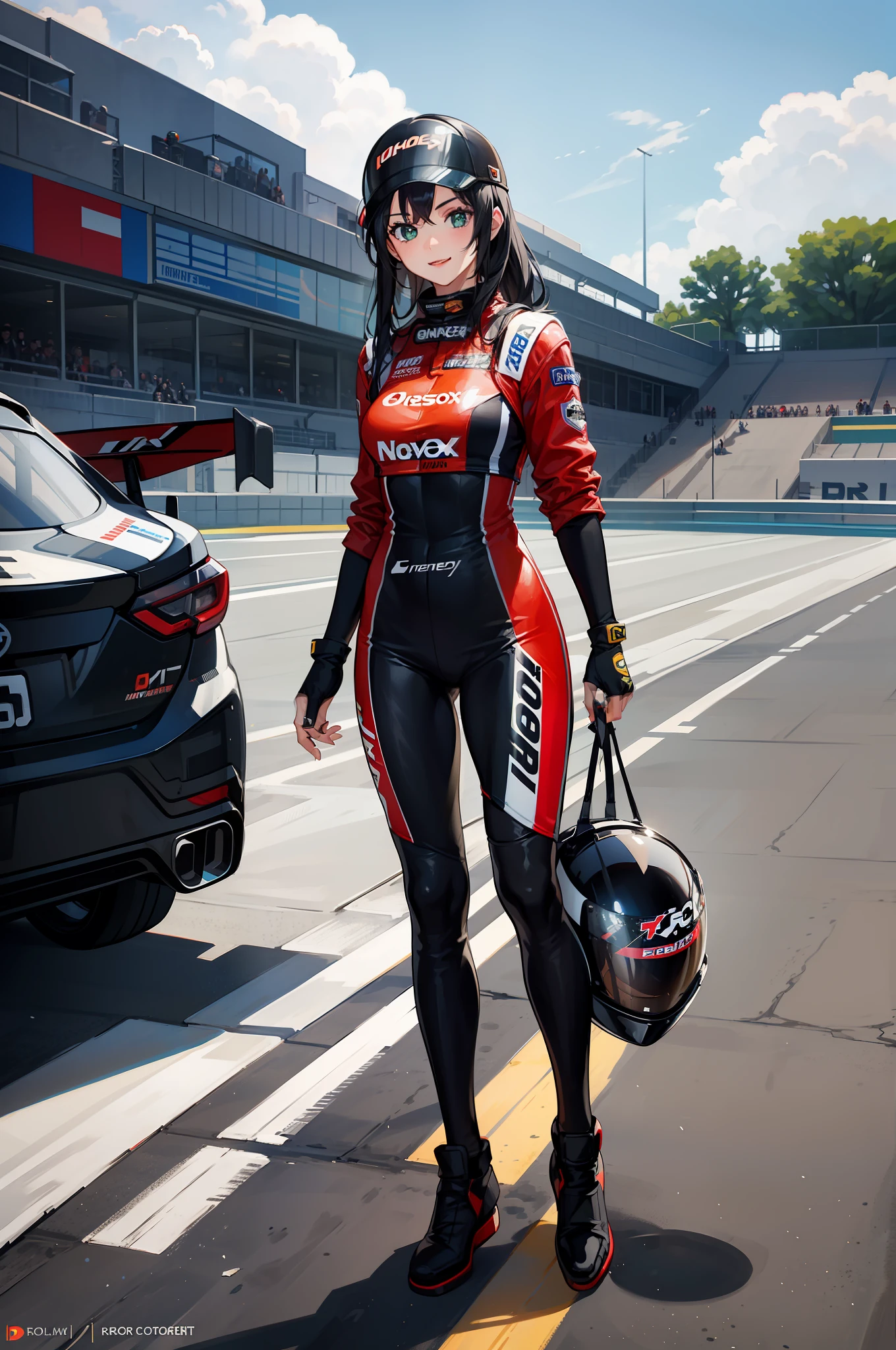 1girl, black_hair, black bodysuit, racing suit, fingerless_gloves, full_body, gloves, green_eyes, helmet, holding_helmet, long_hair, smile, solo, standing, racetrack backdrop, nascar vehicle, racing automobile, full body character design, daytime