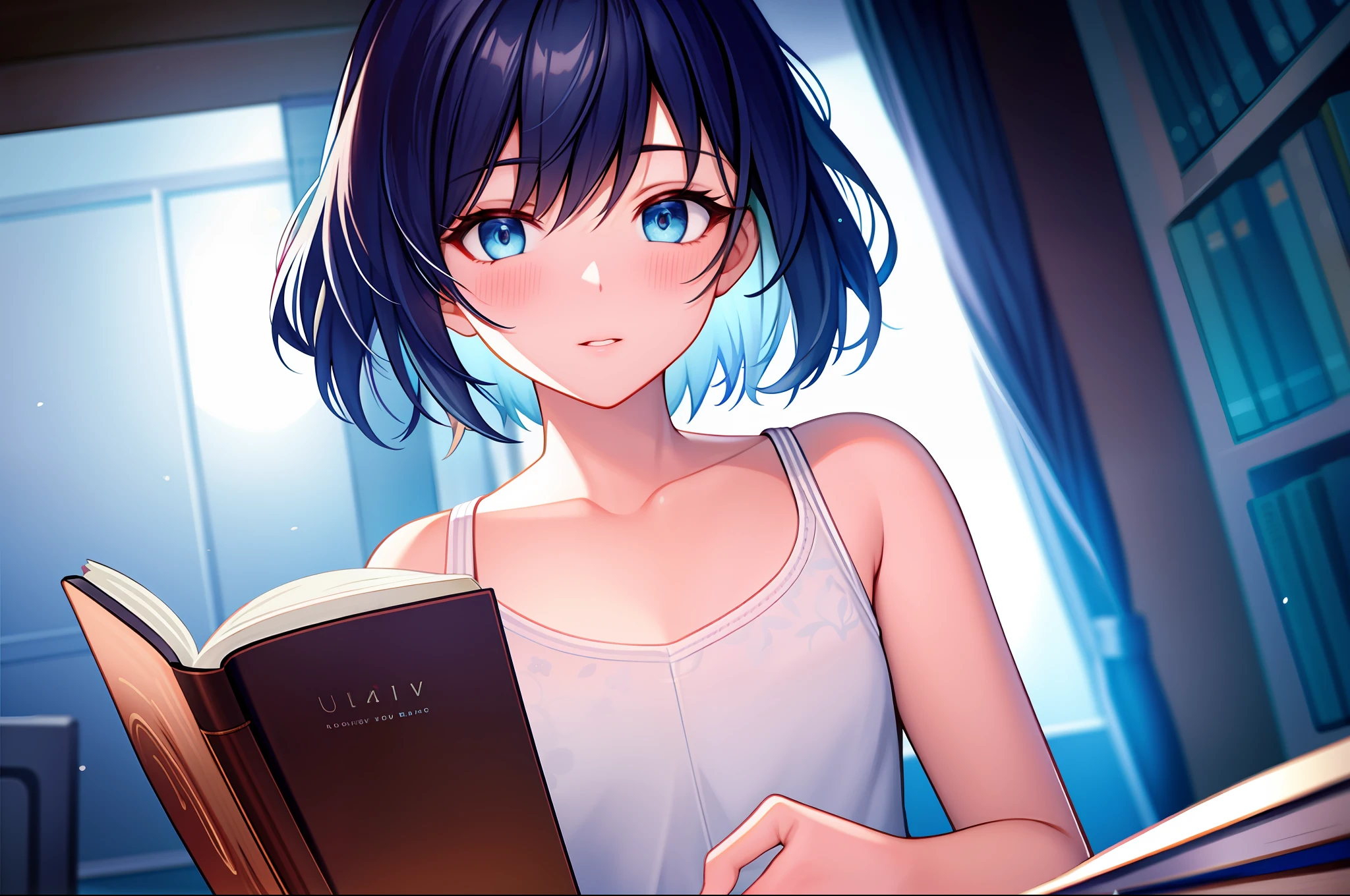 masterpiece, best quality, ultra-detailed, best quality, (ultra-detailed), blurry, blushed, masterpiece, best quality, ultra-detailed, 4k resolution, 1 girl, beautiful detailed eyes, dynamic angle, overexposure, illustration, blue eyes, short hair, light blue hair, neon blue halo, reading book