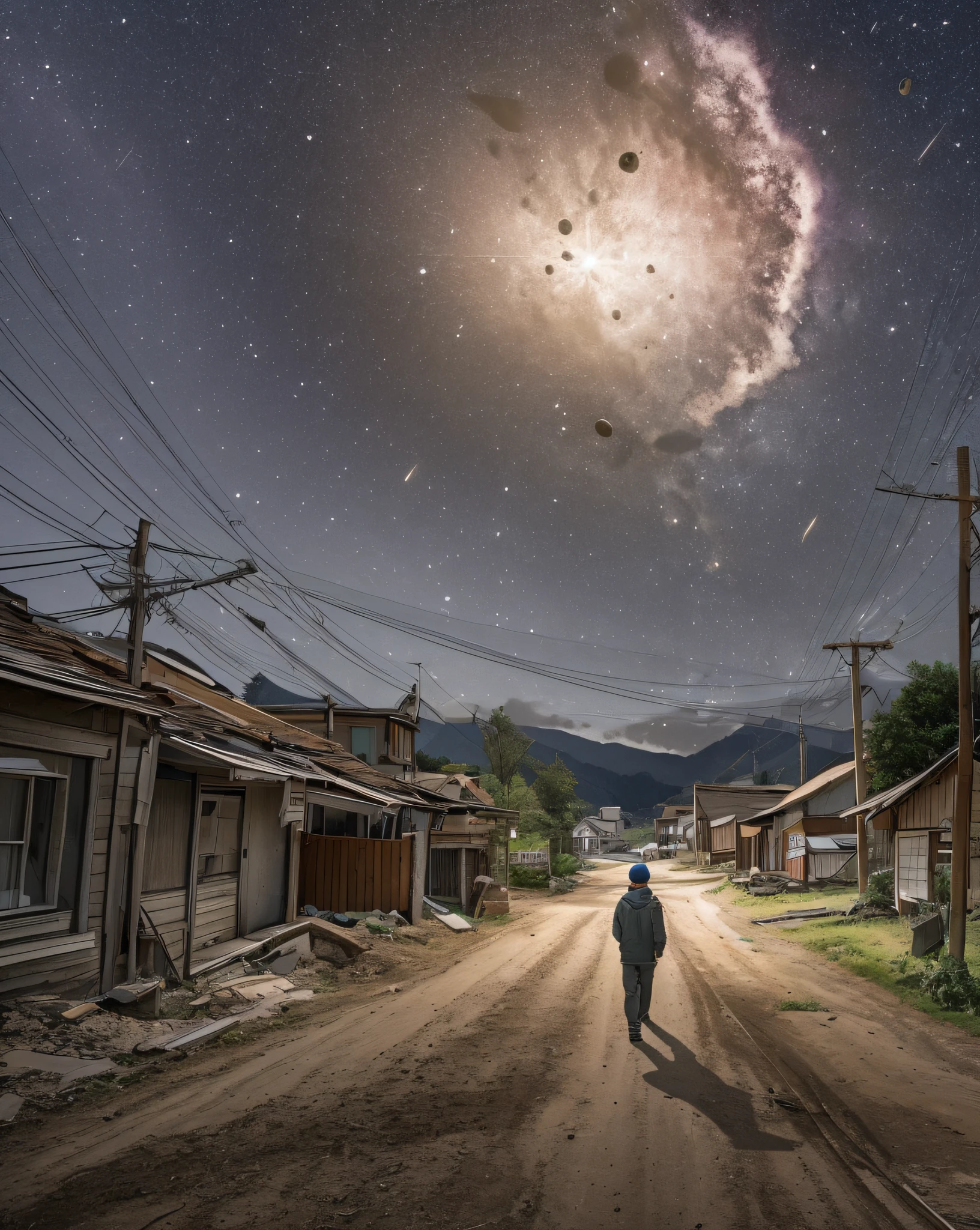 Rural town、Dramatic、 Impact of a giant meteorite