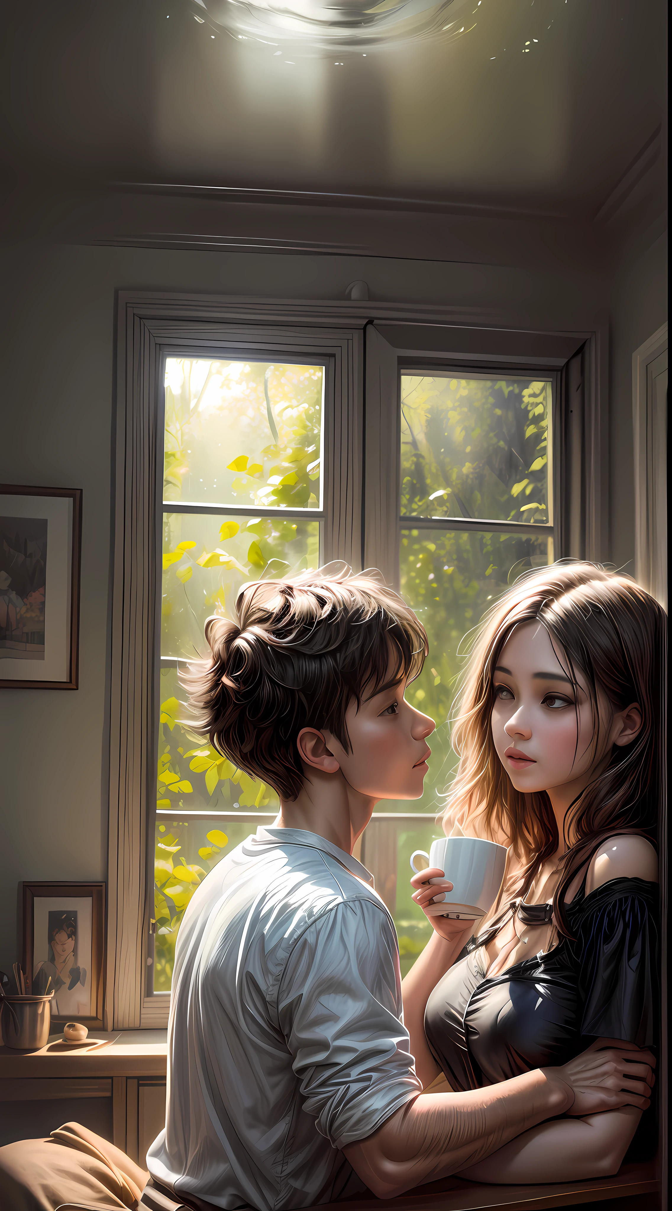 A dreamy painting that portrays a boy and a girl immersed in conversation, sipping coffee in a cozy living room surrounded by lush greenery. Sunlight filters through large windows, casting a soft glow on their faces, illuminating the room with a tranquil ambiance. The brushstrokes are loose and expressive, capturing the warmth and intimacy of the moment, painted with acrylics on canvas using a palette knife for texture and vibrant colors,