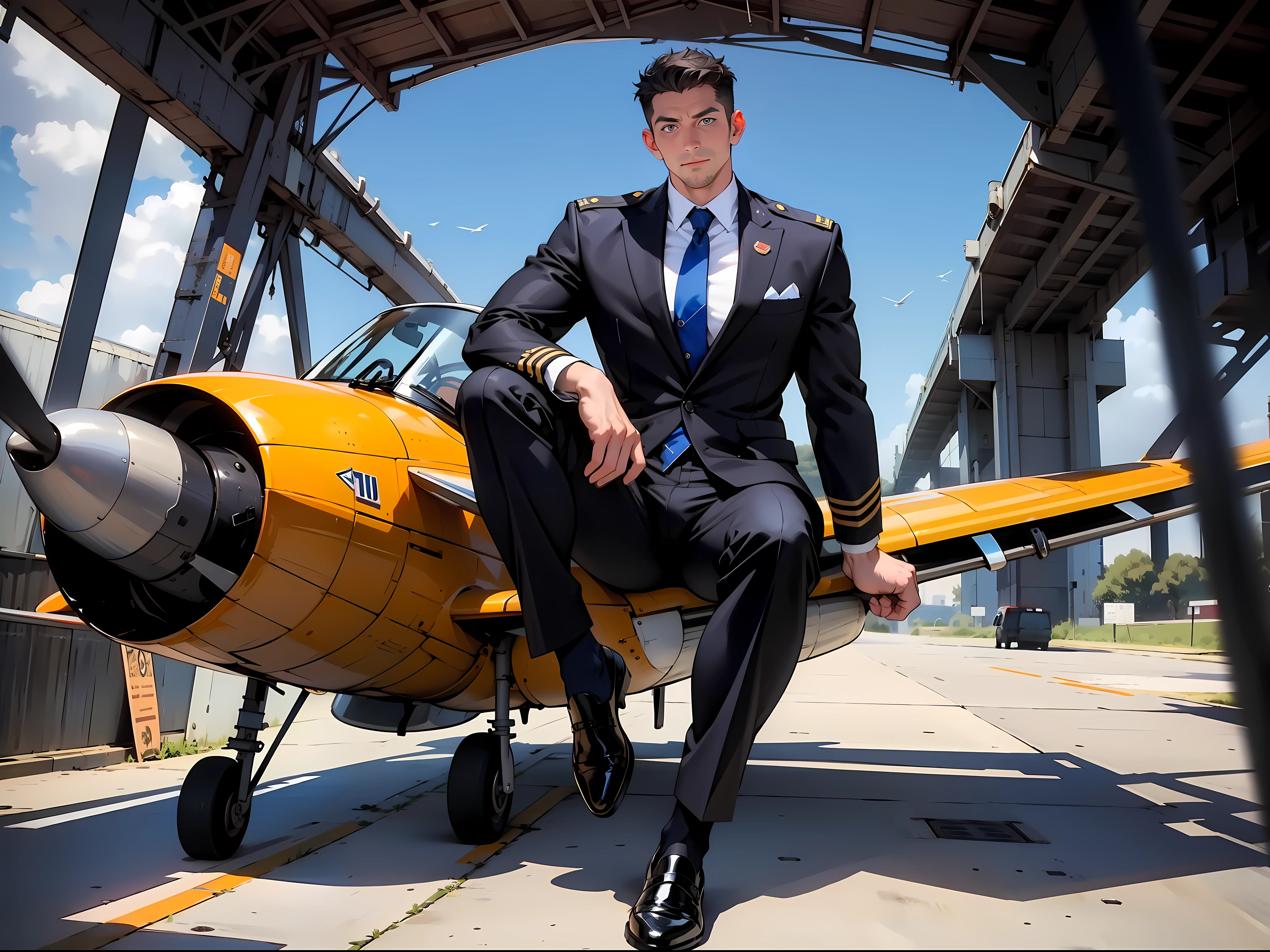 masterpiece, best quality, face, natural eyes, 1man, big feet, black socks, full body, (in suits), large bulge, long legs, looking at viewer, 30 years old, muscled and mature, pilot, pilot in uniform, short haircut, blue eyes,