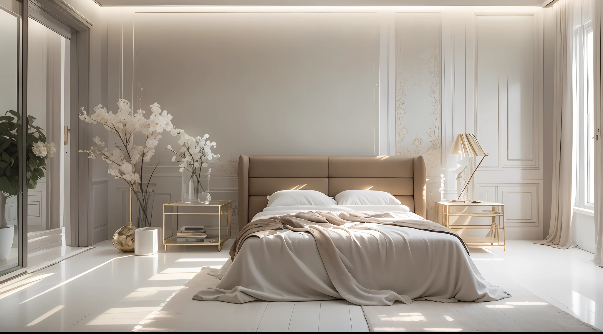 Minimalist bedroom，Rare flowers and plants（1:0.01），suns rays，The right way to place your home，an award winning masterpiece，Incredible details Large windows，highly  detailed，Harper's Bazaar art，fashion magazine，fluency，Clear focus，8K，rendering by octane