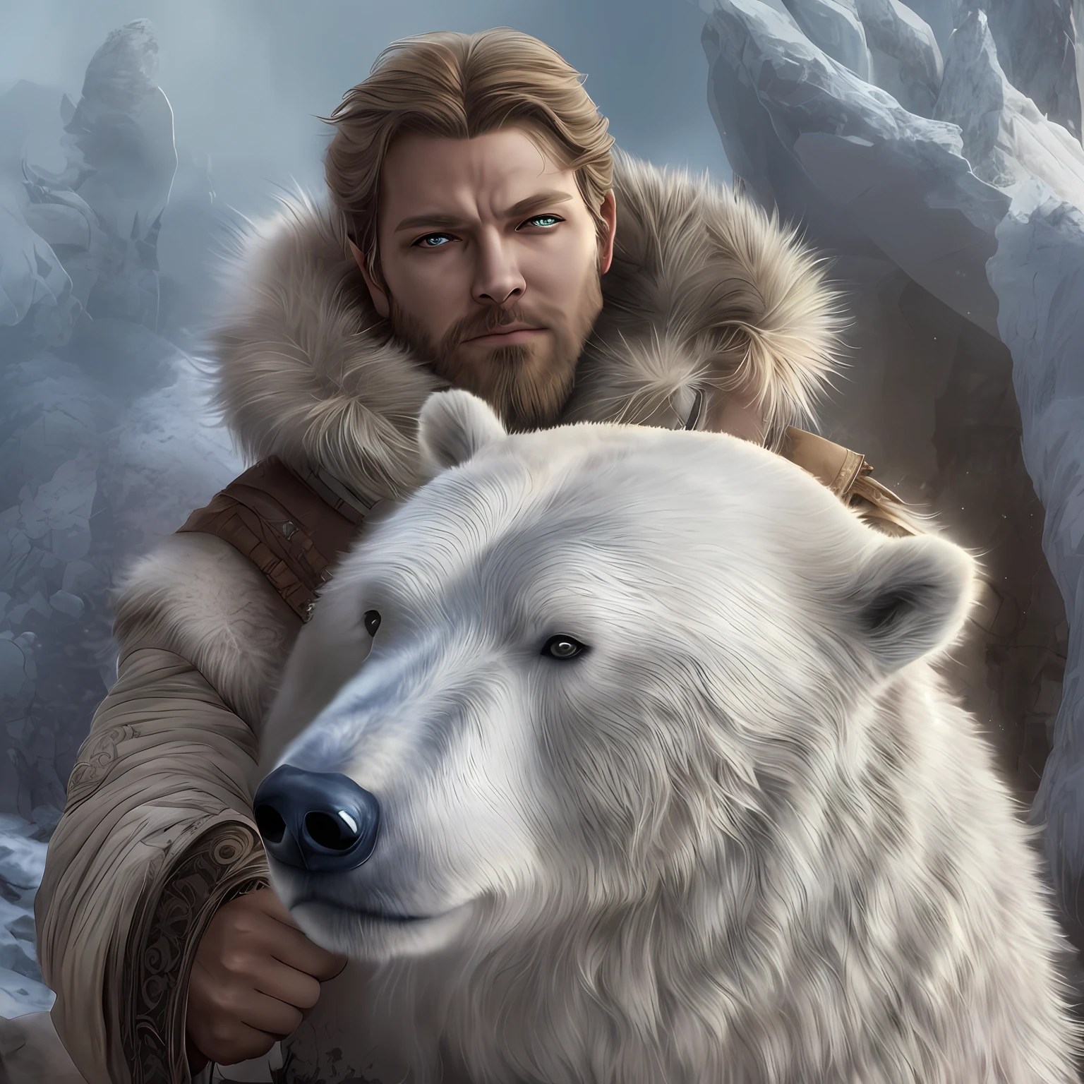 high details, best quality, 8k, [ultra detailed], masterpiece, best quality, (extremely detailed), dynamic angle, ultra wide shot, RAW, photorealistic, fantasy art, dnd art, rpg art, realistic art, a wide angle picture of a male human druid and his pet white bear, priest of nature, cleric of nature, dnd druid, full body, [[anatomically correct]], dynamic position (1.5 intricate details, Masterpiece, best quality) talking to a white bear, polar bear (1.6 intricate details, Masterpiece, best quality) in arctic tundra, snow (1.5 intricate details, Masterpiece, best quality), a male wearing fur clothes (1.4 intricate details, Masterpiece, best quality), fur boots, thick hair, long hair, blond hair, pale skin intense fair eyes, arctic background (intense details), dynamic light, dynamic angle, (1.4 intricate details, Masterpiece, best quality) 3D rendering, high details, best quality, highres, ultra wide angle