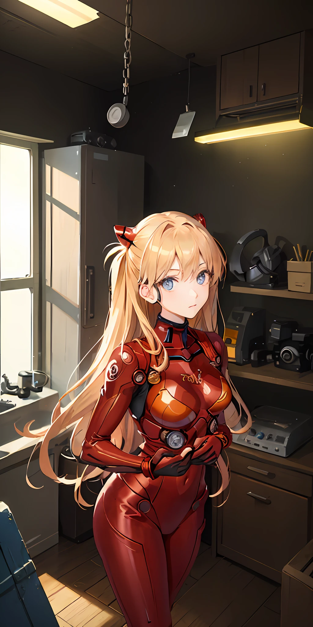 (Overhead view),dynamic angle,ultra-detailed, illustration, close-up, straight on, 1girl, 
 ((souryuu asuka langley, interface headset, red bodysuit:1.4, blonde)),Her eyes shone like dreamy stars,(glowing eyes:1.233),(beautiful and detailed eyes:1.1),(expressionless,closed mouth),(standing), 
(mechanic room with toolsand spaceship windowin a white SPACESHIP),
(night:1.2),dreamy, [[delicate fingers and hands:0.55]::0.85],(detail fingers),