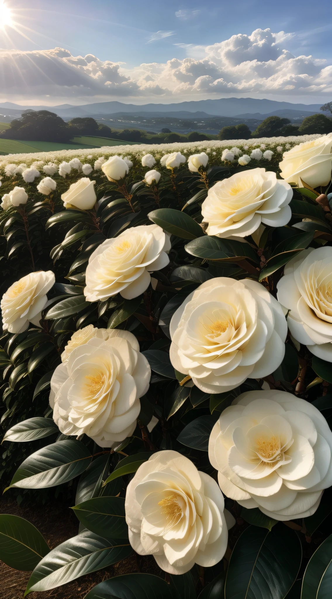 Countless white camellias bloom in the bushes，sun shining through clouds，Sprinkle on the sea of flowers，The surrounding fields and green hills serve as a backdrop，（White Camellia 1.5），Cinematic texture，Tano，blossoms，beautiful flowers growing，beautiful aesthetic，Beautiful large flowers，Incredibly beautiful，Soft glow，beautiful  flowers，flowers in full bloom，Many camellias，lot of flowers，closeup cleavage