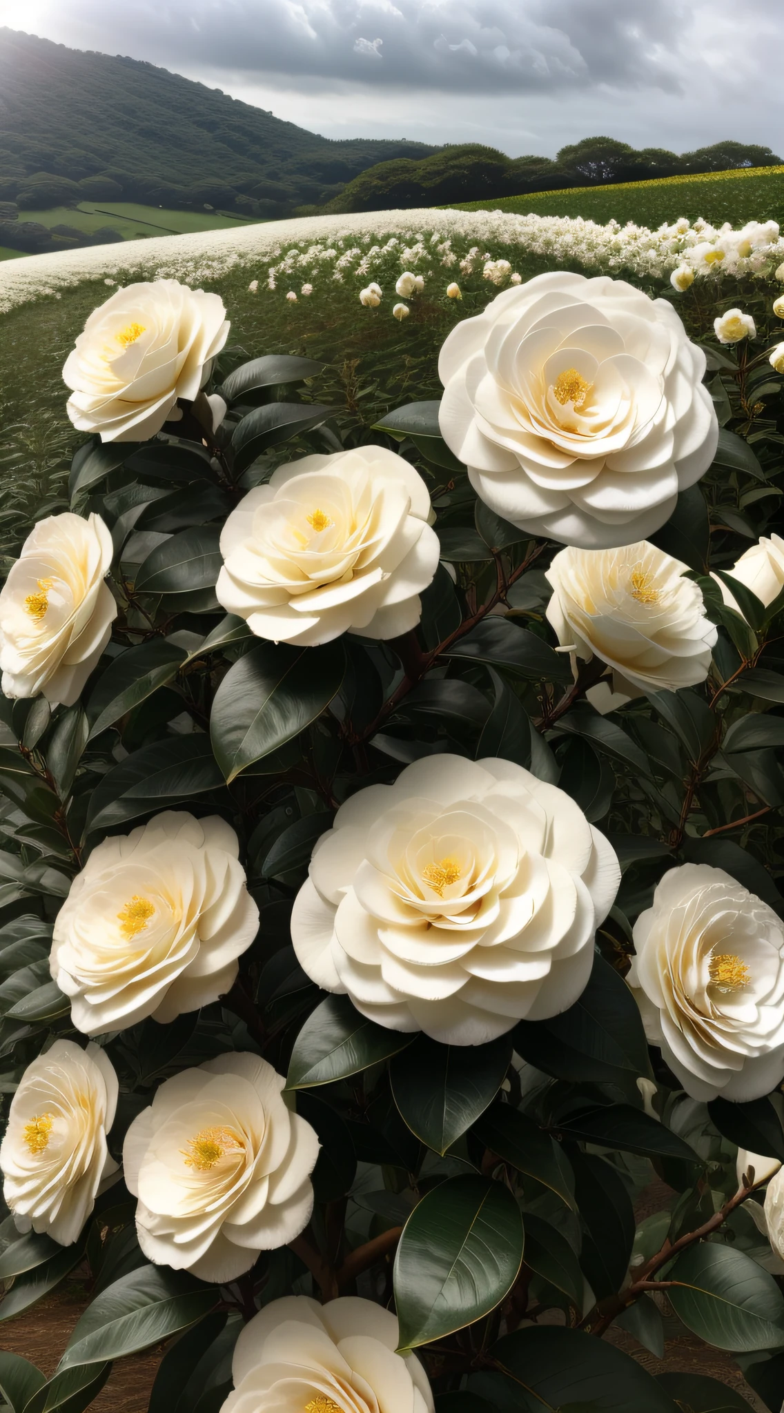 Countless white camellias bloom in the bushes，sun shining through clouds，Sprinkle on the sea of flowers，The surrounding fields and green hills serve as a backdrop，（White Camellia 1.5），Cinematic texture，Tano，blossoms，beautiful flowers growing，beautiful aesthetic，Beautiful large flowers，Incredibly beautiful，Soft glow，beautiful  flowers，flowers in full bloom，Many camellias，lot of flowers，closeup cleavage