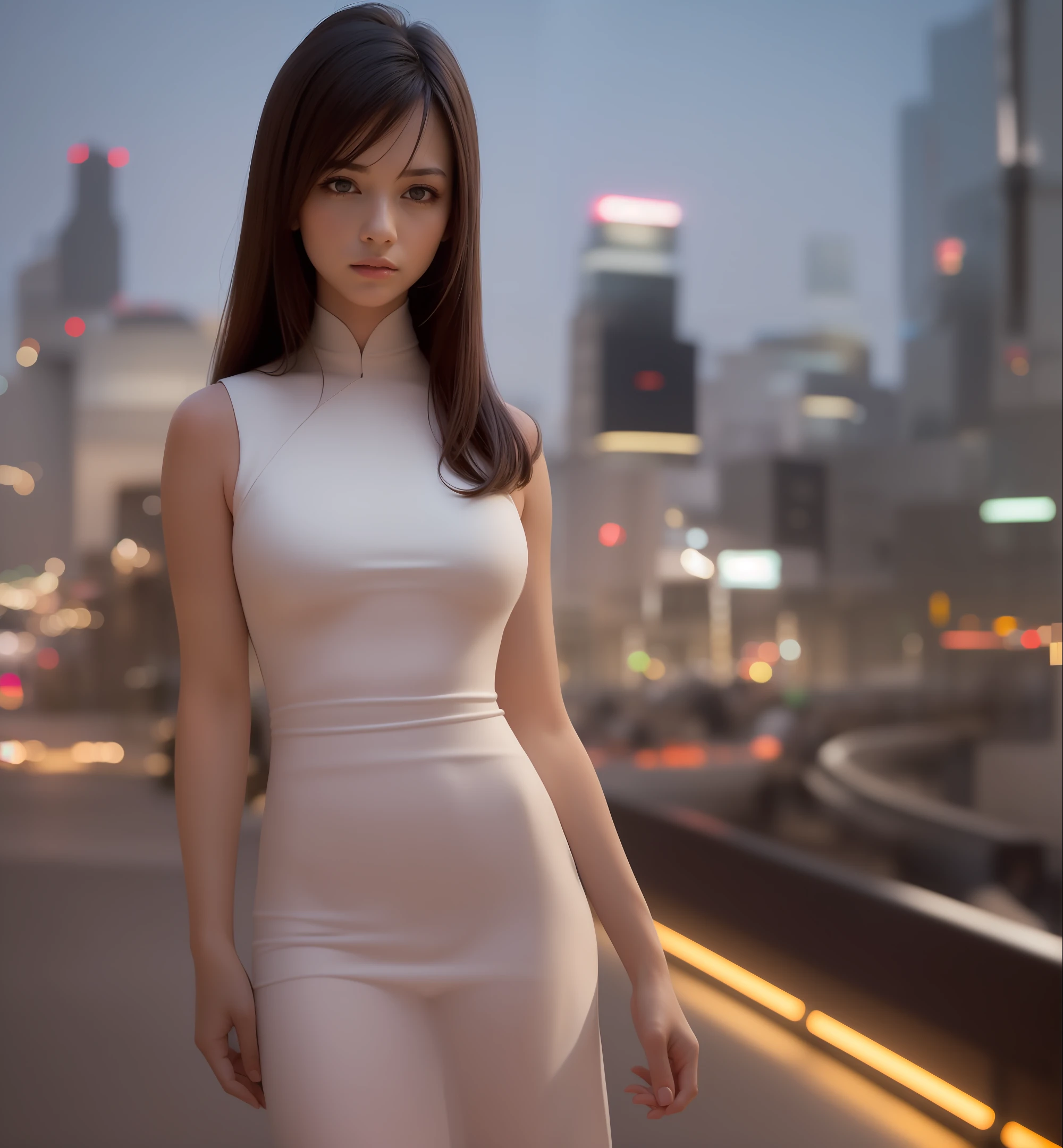 ((Realistic lighting, Best quality, 8K, Masterpiece: 1.3)), Focus: 1.2, 1girl, Perfect Body Beauty: 1.4, Slim Abs: 1.1, ((Dark Brown Hair)), (Aqua Dress: 1.4), (Outdoor, Night: 1.1), City Street, Super Fine Face, Fine Eyes, Double Eyelids,