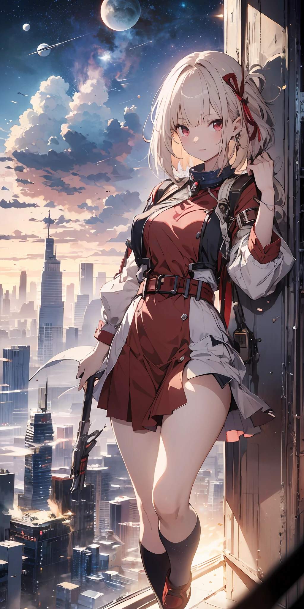Absurd resolution, high resolution, (masterpiece: 1.4), super detailed, girl alone, from above, space, floating, platinum blonde, medium hair, red eyes