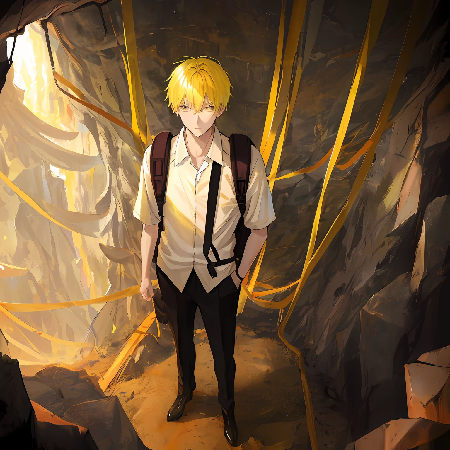 Man with a, scornful, South Korean, expressionless, Chic, Yellow-haired, single hair, goodlooking, Handsome, Cold eyes full body, In a glowing cave, shirt, Backpacks, Brown bag, Fallen Golem