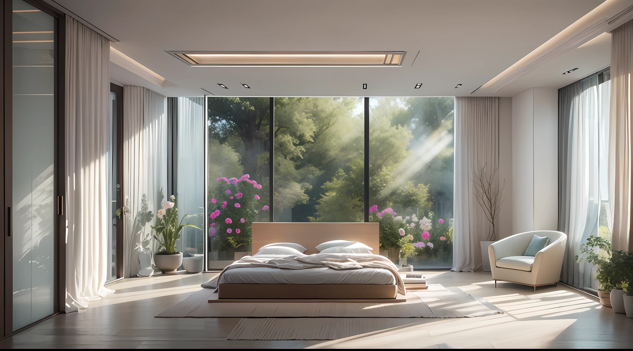 Minimalist bedroom，Rare flowers and plants（1:0.02），suns rays，The right way to place your home，an award winning masterpiece，Incredible details Large windows，highly  detailed，Harper's Bazaar art，fashion magazine，fluency，Clear focus，8K，rendering by octane