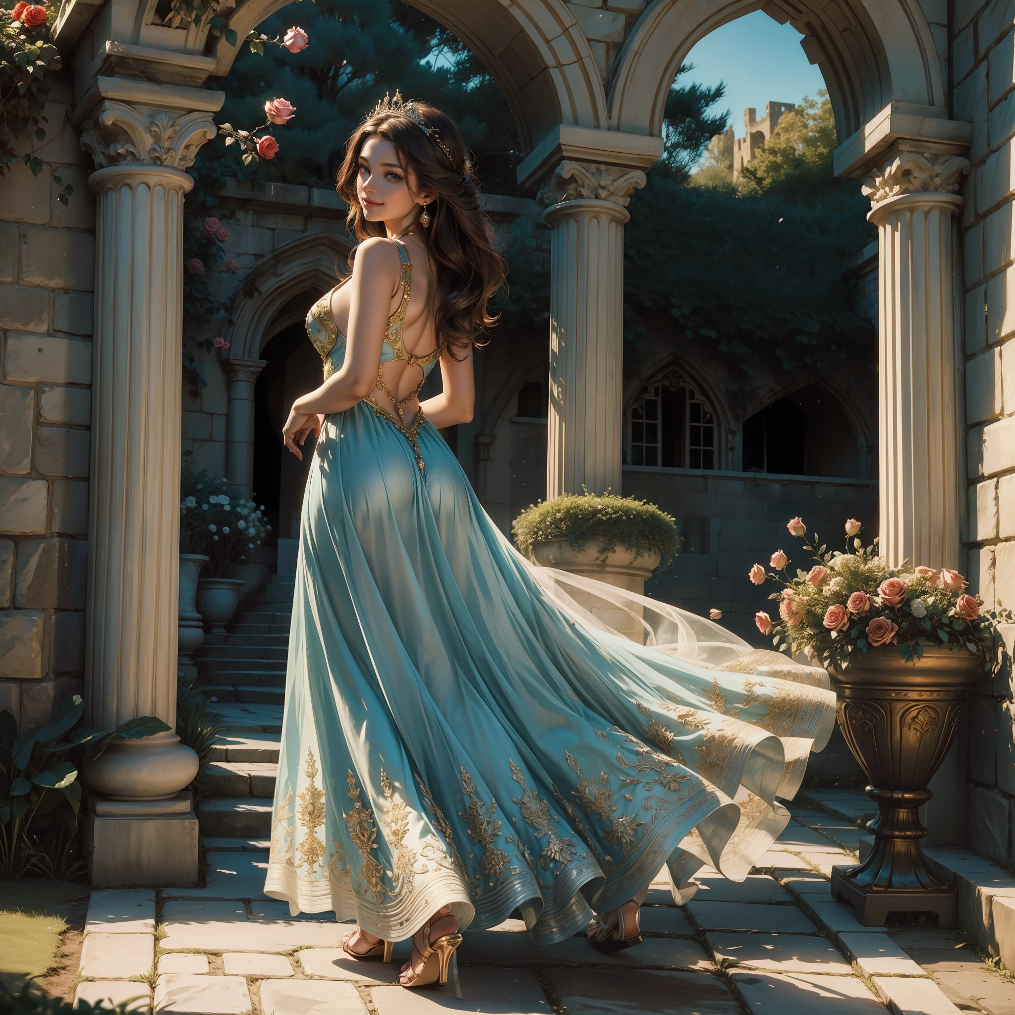 Certainly! Here's a prompt for you:
In the dimly lit courtyard of a medieval castle, a beautiful maiden stands amid blooming rose bushes. Her long, flowing gown shimmers in the dappled sunlight streaming through the ancient stone walls. Her radiant smile echoes the joyous chirping of the birds perched on the nearby branch. As her delicate fingers gently touch the petals of a vibrant red rose, it bursts into full bloom, mirroring her captivating presence. Embellished with intricate golden embroidery, her attire tells a story of grace and grandeur, elegantly adorned with pearls and glowing gemstones. Her golden locks cascade down her back like a sunlit waterfall, framing a face that exudes both innocence and wisdom. Behind her, the grand arched entrance to the castle harbors the secrets and whispers of a bygone era. As she gazes into the distance, the world holds its breath in awe of her timeless beauty and serene demeanor. (masterpiece), (best quality), (ultra-detailed), (masterpiece:1.2), (best quality), (ultra-detailed), realistic, illustration, beautiful woman, long hair, brown hair, beautiful eyes detail, (teal eyes), (beautiful dress), big breasts, leather sandal, smile, parted lips, full body