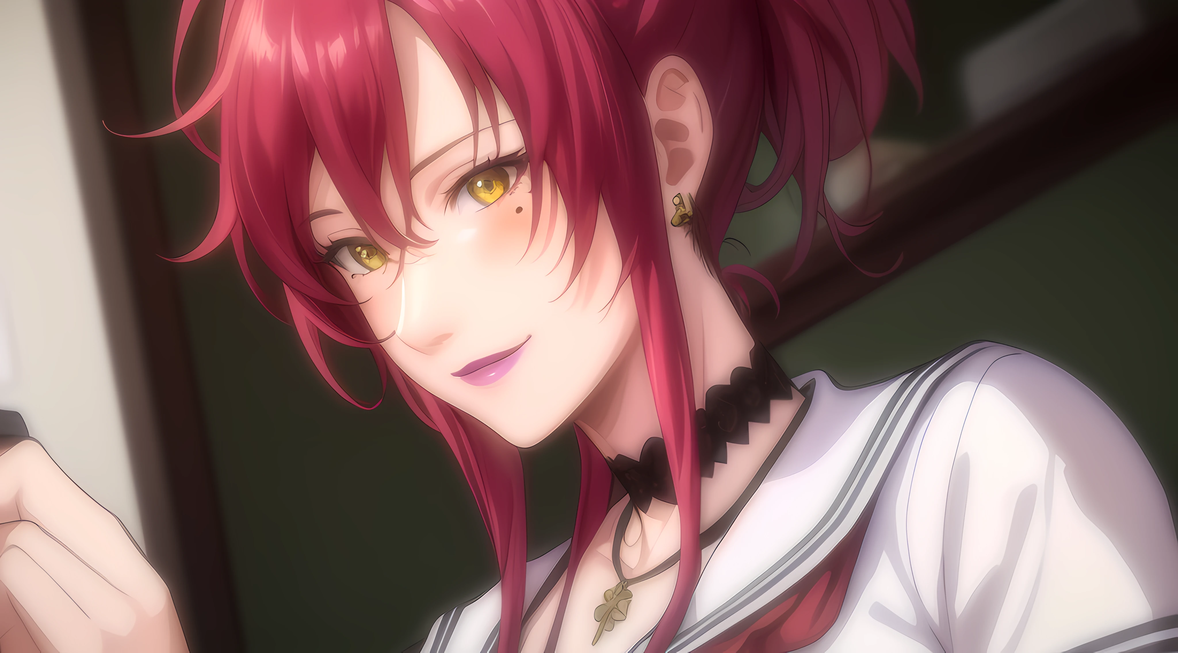 (Masterpiece, Best Quality, High Quality:1.4), professional artwork, for desktop wallpaper, Intricate Details, field of view, sharp focus, detailed painting, photorealistic lighting, trending on pixiv, 1girl, (vivid lighting, vibrant colors:1.05), realistic shadows, ambient occlusion,
Marie Mamiya, mature female, milf, solo, (curvy:1.1), luxury room, (half body shot:1.1), looking to attention,
(red hair:1.05), hair ornament, lipstick, makeup, (mole under eye:0.9), choker, ultra detail hair, ultra detail face, (yellow glowing eyes:1.05), perfect eyes, perfect face, perfect retina, earrings, (seductive look, blush:1.15), happy, smile,
(school_uniform:1.4), choker, necklace, fingernails,
(Large Breasts:1.15)