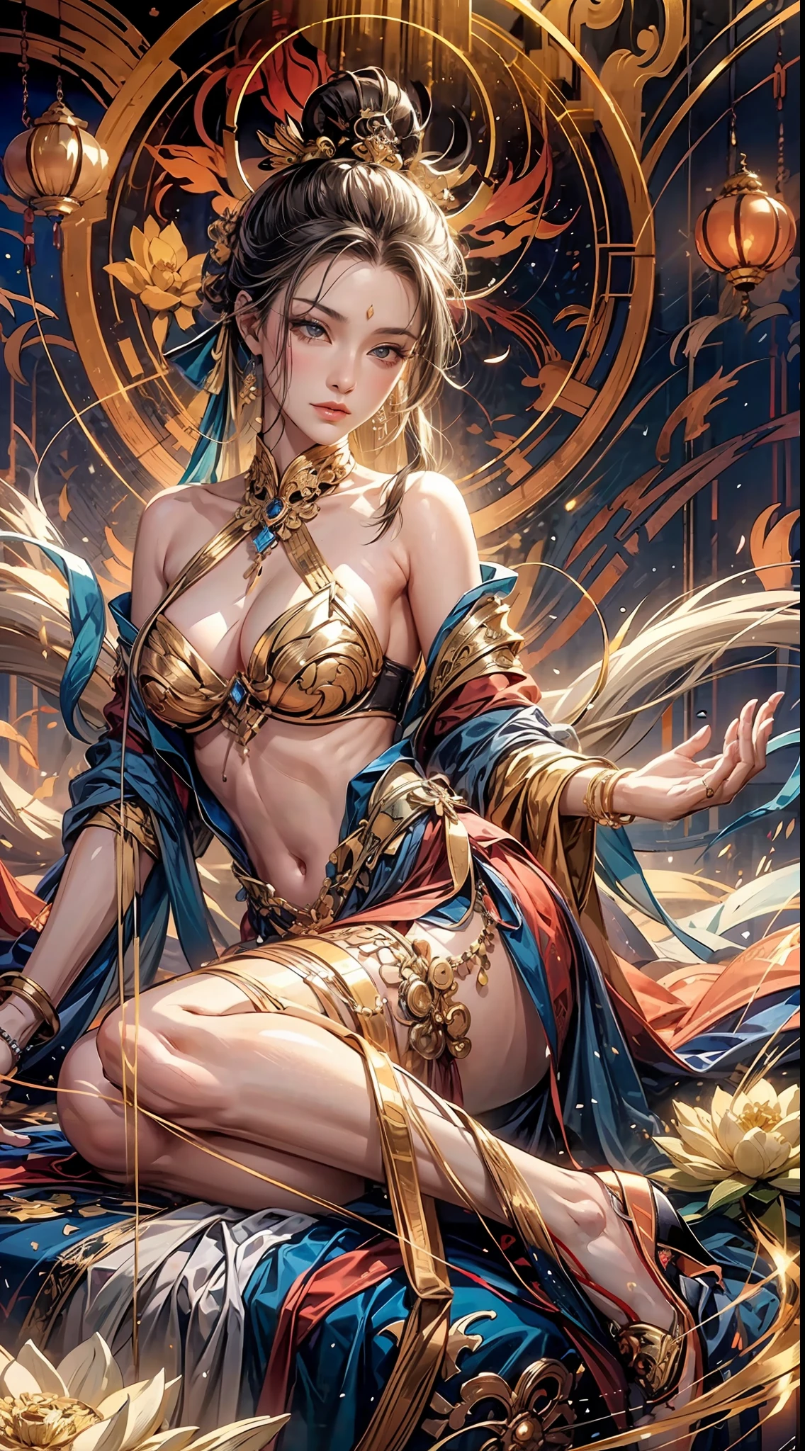 （Chinese immortals）, （Buddhism）, Multip_Hands，（mythological stories）, （bodhisattva）, She sits on a lotus, （Six arms stretched out from her body, Each hand holds a different Buddhist vessel, left right symmetry），（Delicate and beautiful face）, （White silk robe）sitting on a lotus flower, Frontal photo，Light smile, neo-classical, OP Art, Chiaroscuro, Cinematic lighting, god light, Ray tracing, character sheets, projected inset, first person perspective, hyper HD, Masterpiece, ccurate, Textured skin, Super detail, High details, High quality, Award-Awarded, Best quality, A high resolution, 8K，Ultra-high sharpness，Clear face