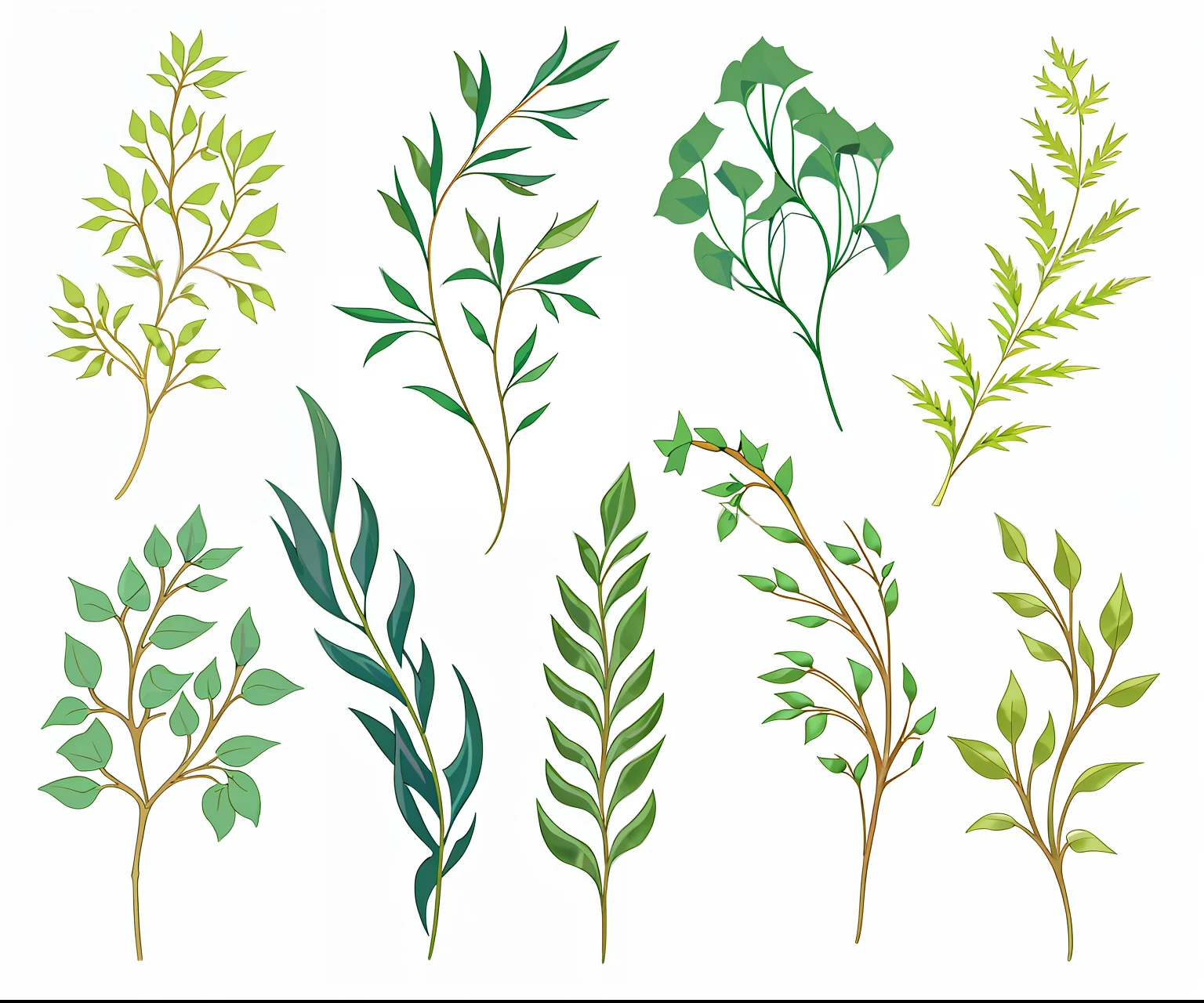 A close-up of a bunch of leaves of different types, branches and foliage, hyperdetailed twigs and plants, botanic foliage, leaves foliage and stems, detailed beautiful plants, detailed plants, tree and plants, Sparse plants, Green plants, simple stylized, stylized vegetation, plants and grass, plants and trees, lush garden leaves and flowers