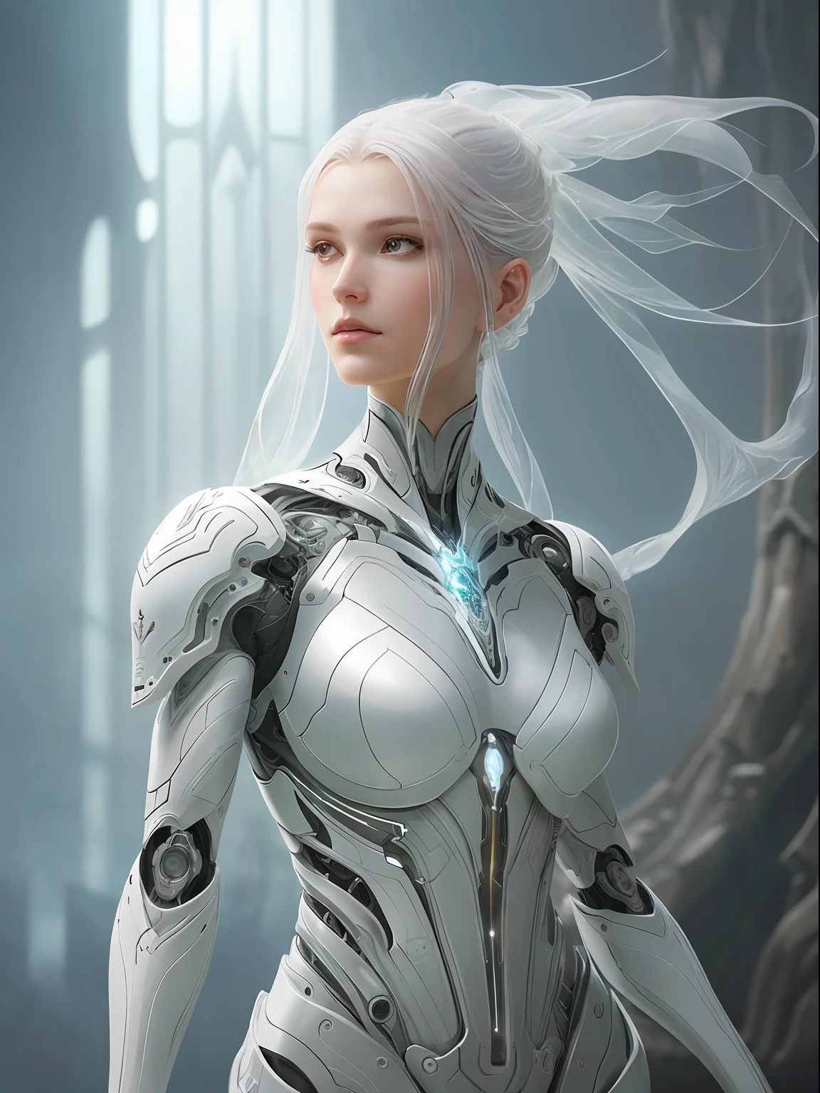 organic cyborg, white plastic, diffuse lighting, fantasy, intricate, elegant, highly detailed, lifelike, photorealistic, digital painting, artstation, illustration, concept art, smooth, sharp focus, art by John Collier and Albert Aublet and Krenz Cushart and Artem Demura solid background