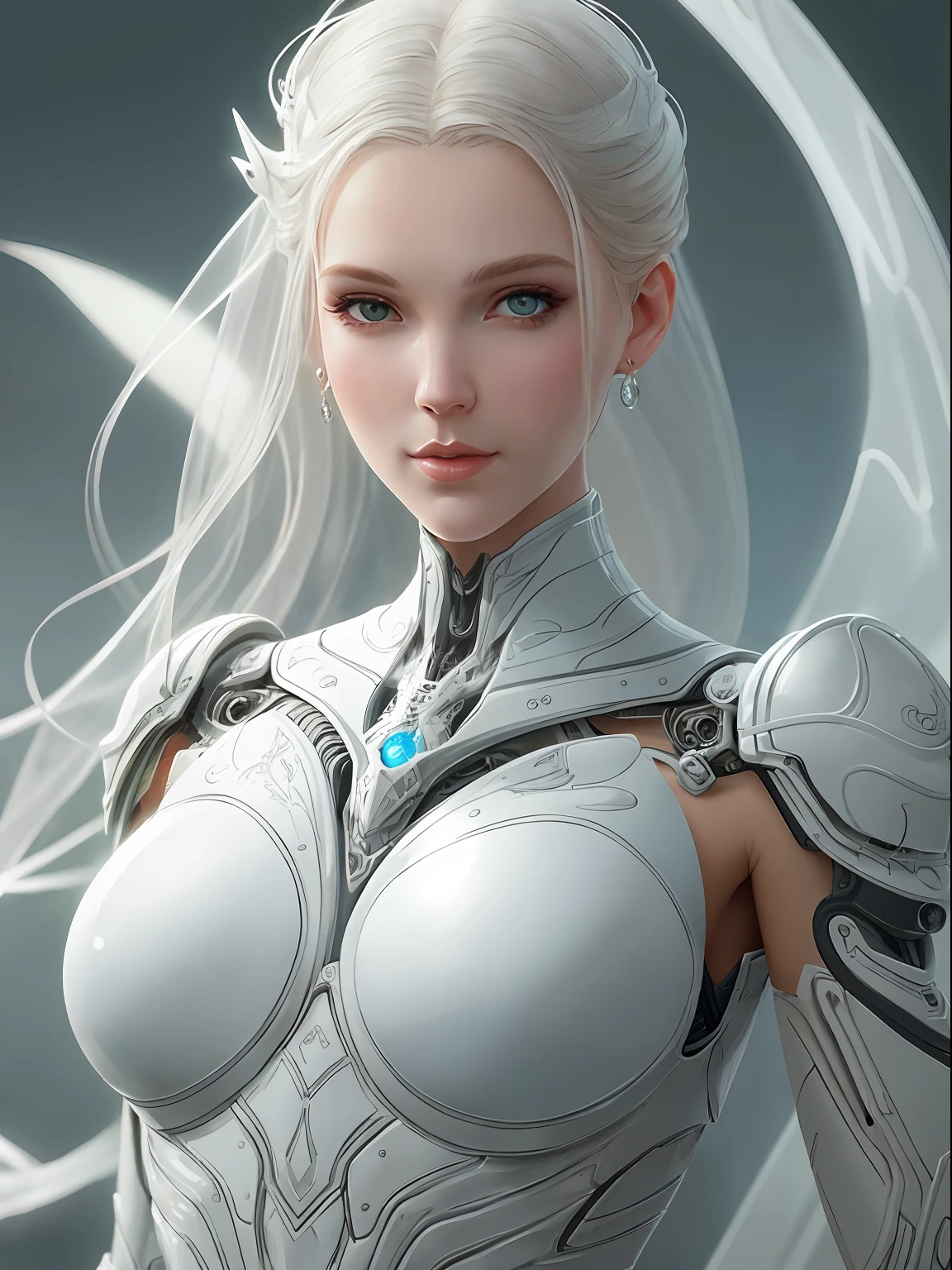 organic cyborg, white plastic, diffuse lighting, fantasy, intricate, elegant, highly detailed, lifelike, photorealistic, digital painting, artstation, illustration, concept art, smooth, sharp focus, art by John Collier and Albert Aublet and Krenz Cushart and Artem Demura solid background