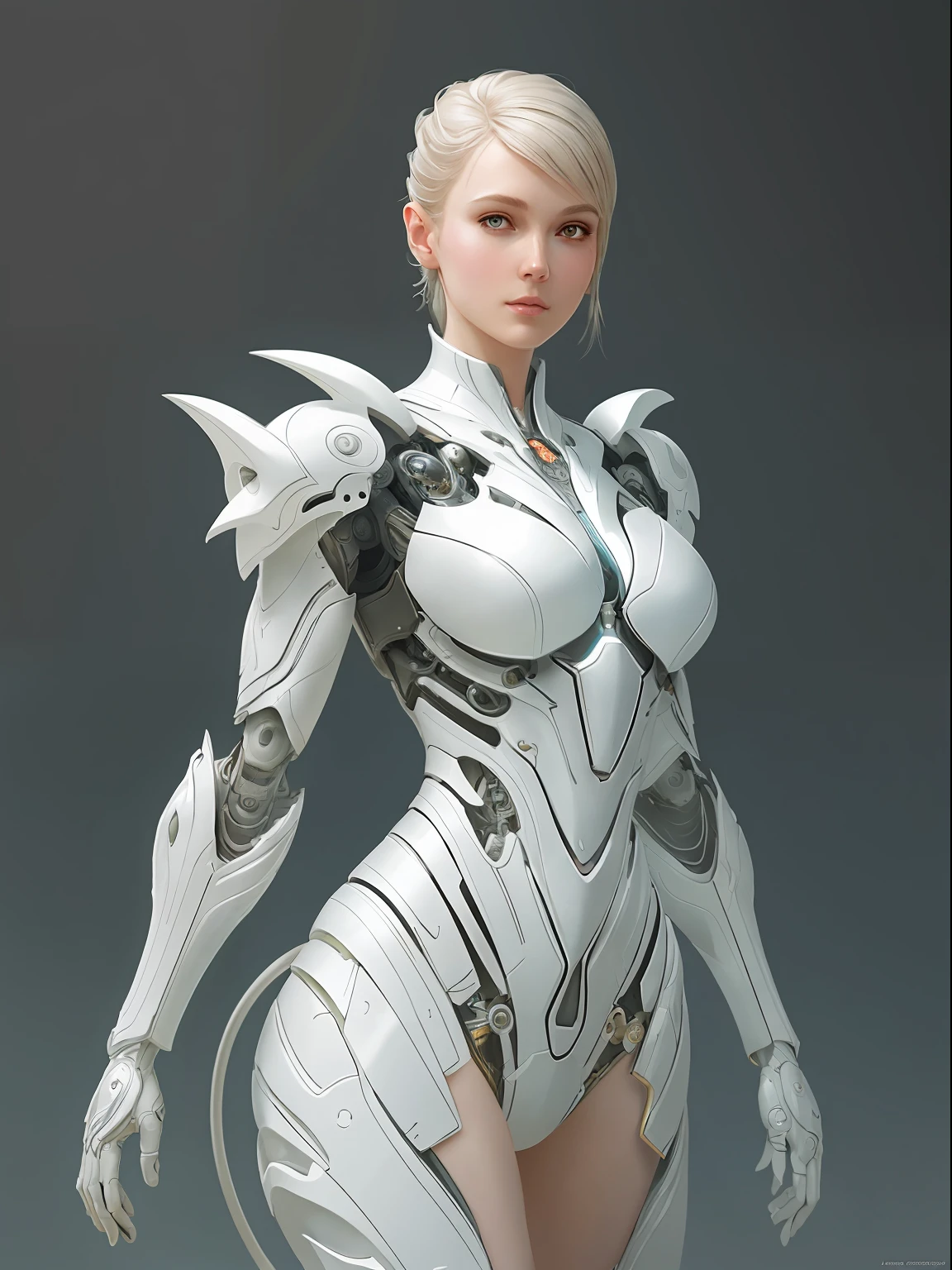 organic cyborg, white plastic, diffuse lighting, fantasy, intricate, elegant, highly detailed, lifelike, photorealistic, digital painting, artstation, illustration, concept art, smooth, sharp focus, art by John Collier and Albert Aublet and Krenz Cushart and Artem Demura solid background