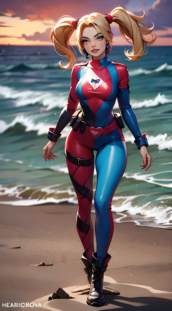 margot robbie as a gorgeous Harley Quinn standing on sand wind in the hair, (8k:1.2)