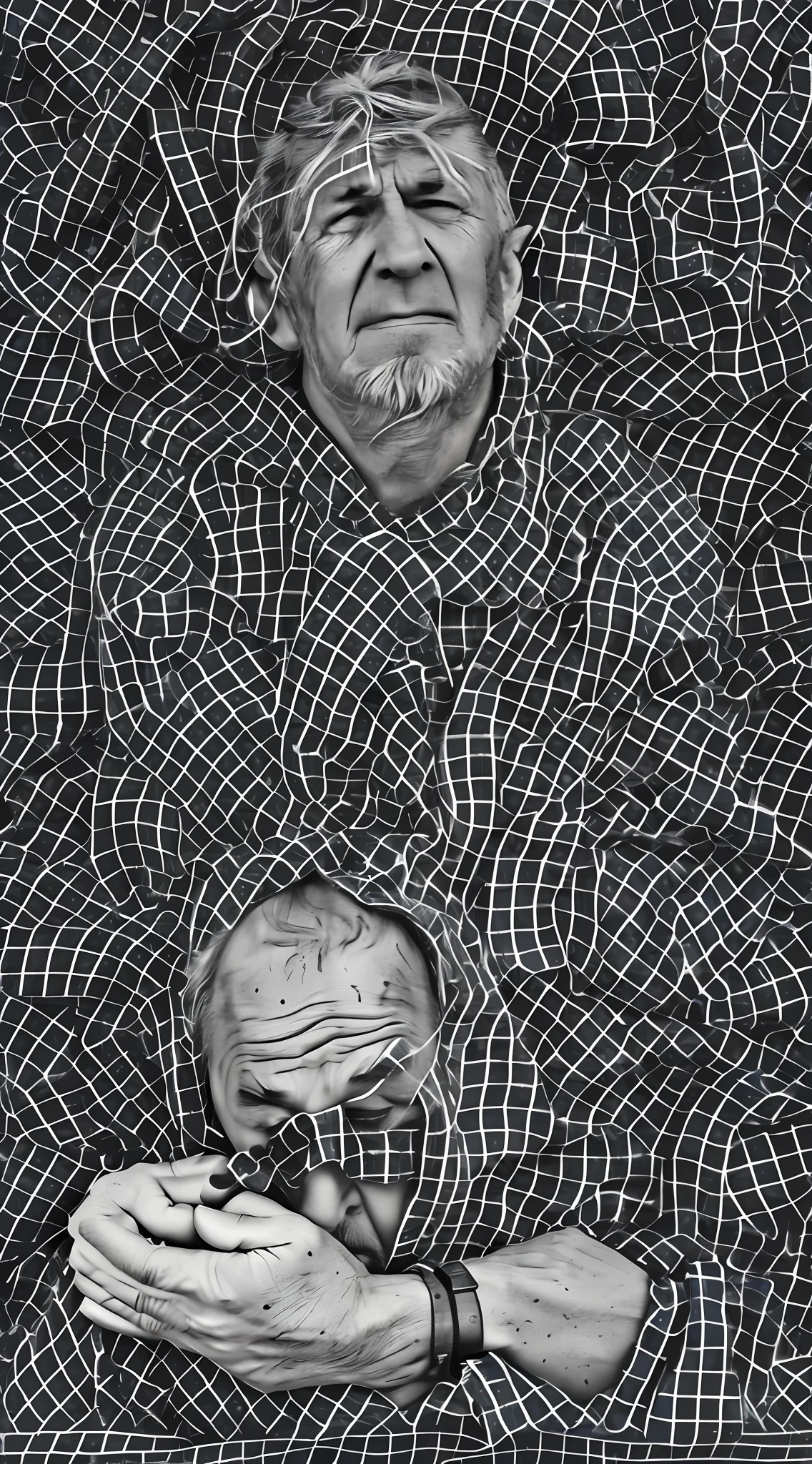 Construction workers sit on the ground,hands on face, shoulder in front pose, starving artist wearing overalls, Artist in tattered overalls, man sitting facing away, worn-out clothing, struggling, Monochrome line art (Detailed face)), ((Award-Awarded)), (High-detail texture lines), Sharp, 8K, trending on artstationh,Intricate linework, hugging his knees, Some people are unemployed, ripped clothing, sad man, wearing dirty overalls, his clothes are torn and dirty