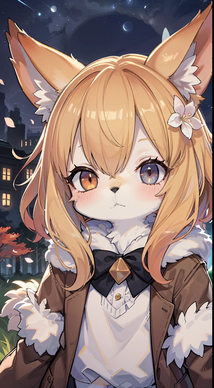 Fox Boy，hairy pubic，shaggy，Skin fur，Golden fur，Golden yellow face fur,Short straight blonde hair，Eyes have light，Red eyes，Super cute face，Brown elements on fur，Brown coat brown hood up，Beautiful lights and shadows，Ambient light，Ultra-fine fur，volumettic light，Night,natural  lightting，Fluffy tail，Night，starrysky，Vast landscape，crossed bangs, Hairline, Shiny hair, lone nape hair, ，Dilated pupils，Sleepy，（moon full：1.2），（meteors：0.9），（Starcloud：1.3），Inside the cherry blossom forest，Cherry blossoms fall，（Warm light source：1.2），（glowworm：1.2）， Purple and orange，Complicated details，Volumetriclighting，Realist breakthrough（tmasterpiece：1.2）（best qualtiy），4K，Ultra-delicate，（Dynamic configuration：1.4），Highly detailed and colorful details，（Irridescent color：1.2），（luminouslighting，Atmospheric lighting），dream magical，magic，（独奏：1.2）